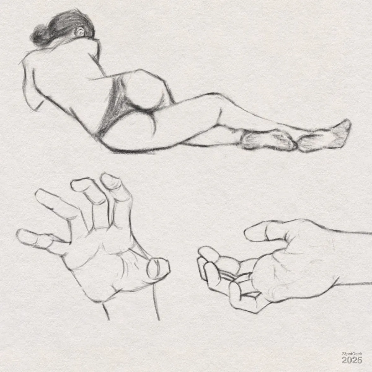 Digital graphite sketches on textured paper, showing three separate studies: at the top, a reclining figure of a woman lying on her side, partially covered with underwear, her back turned and head resting on her arm; below, two detailed sketches of hands—one hand is open with fingers splayed in a dynamic gesture, and the other is relaxed, palm up, with fingers gently curled.
