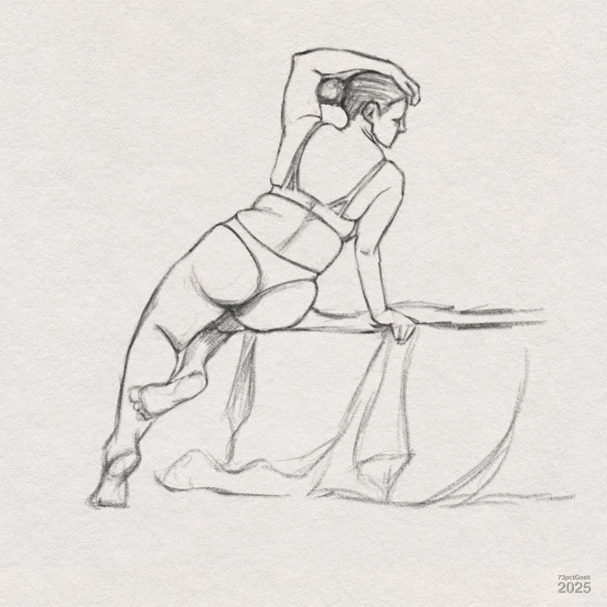 Digital graphite sketch of a woman in underwear, posed with one knee on a draped surface and the other leg extended behind her. She is leaning forward on one arm, while her other arm is bent with her hand resting on her head. The lines are soft and expressive, capturing the curves and posture of her body.