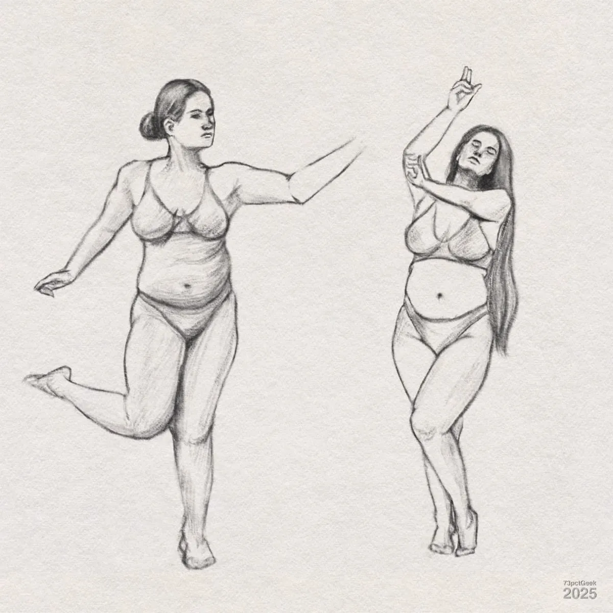 Digital graphite sketch of two women in underwear, each striking a different pose. The woman on the left has her hair in a bun, one arm extended forward, the other arm back, and one leg lifted behind her as if in mid-step or dance. The woman on the right has long hair flowing down her back, one arm raised above her head with fingers forming a gesture, and the other arm crossing her chest to touch her raised arm. She stands with her legs crossed at the ankles, giving a sense of movement or dance.