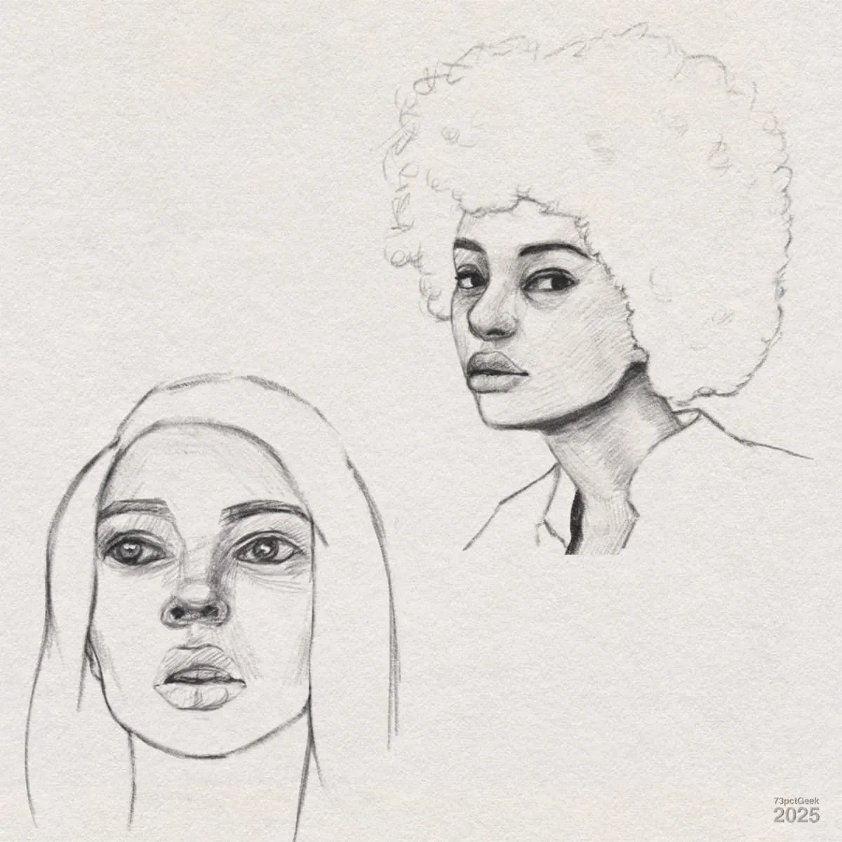 Digital graphite sketches of two women on textured paper. The woman on the top right has a large, curly afro hairstyle and is shown from the shoulders up, looking slightly to the side with a serious expression. The woman on the bottom left has straight, long hair and is drawn with a focus on her facial features, looking upwards with wide eyes and slightly parted lips. The shading emphasizes their facial structures.