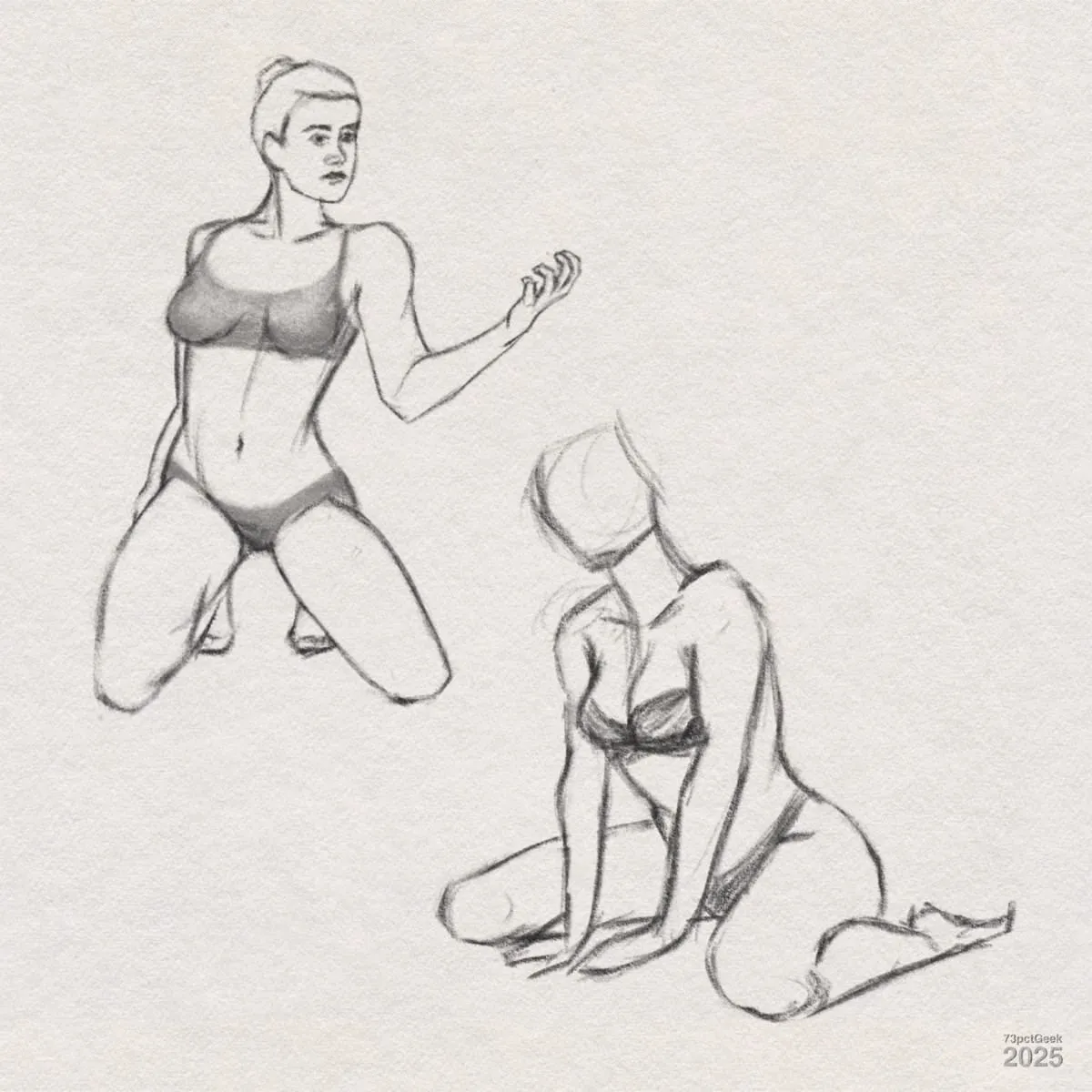 Digital graphite sketch of two women in kneeling poses. Both figures are wearing underwear. The woman on the left is more detailed, with facial features and hair, and she is kneeling with her left arm bent and hand raised, as if gesturing or speaking. The woman on the right is less detailed, with no facial features, and is kneeling with her hands on the ground in front of her, her head tilted downward.