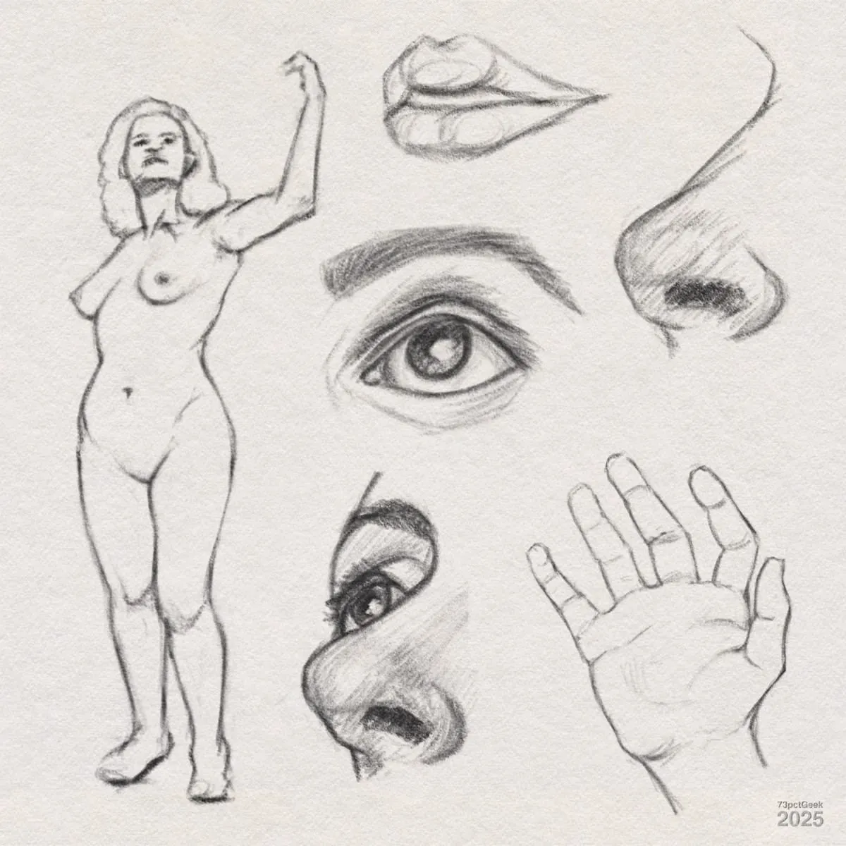 Digital graphite sketches of human anatomy studies on textured paper. The drawing includes a full-length nude female figure with one arm raised, detailed sketches of an eye, lips, a nose, a hand, and a close-up of an eye and nose together. The style is realistic shaded to show form and depth.