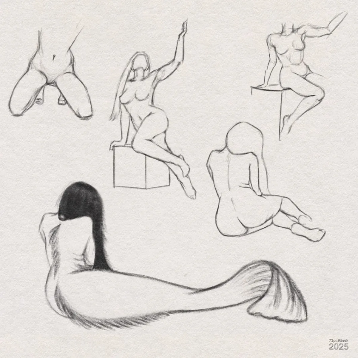 Digital graphite sketches of five female figures in various poses on textured paper. Four of the figures are human, shown in different seated or kneeling positions, with simplified or missing facial features and some anatomical details. The fifth figure, at the bottom, is a mermaid with long hair and a prominent fish tail, viewed from behind. The sketches focus on capturing the forms and gestures of the bodies.