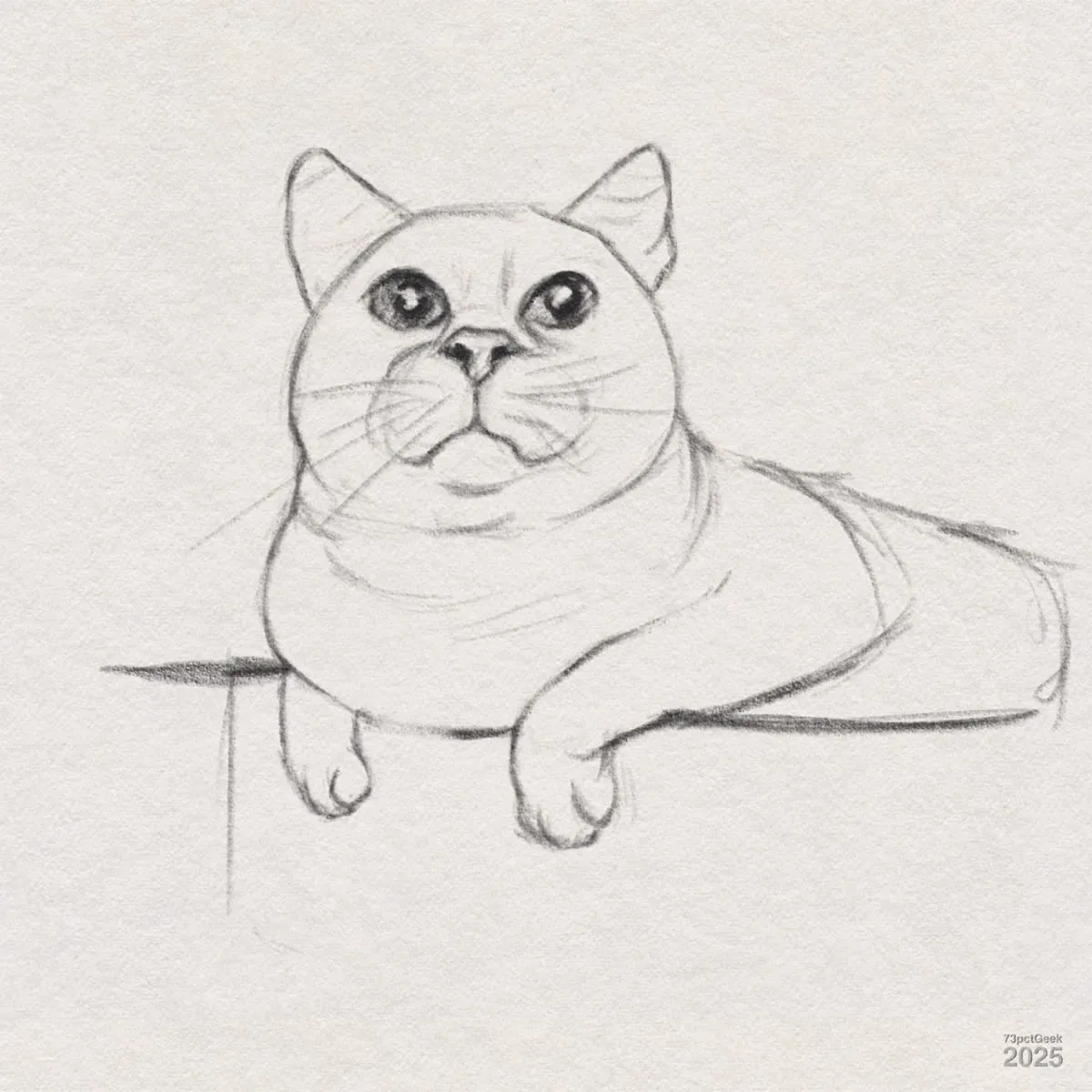 Digital graphite sketch of a cat lying down with its front paws hanging over an edge. The cat has large, round eyes, upright ears, and a slightly chubby face. The lines are soft and sketchy, giving the drawing a gentle and unfinished look.