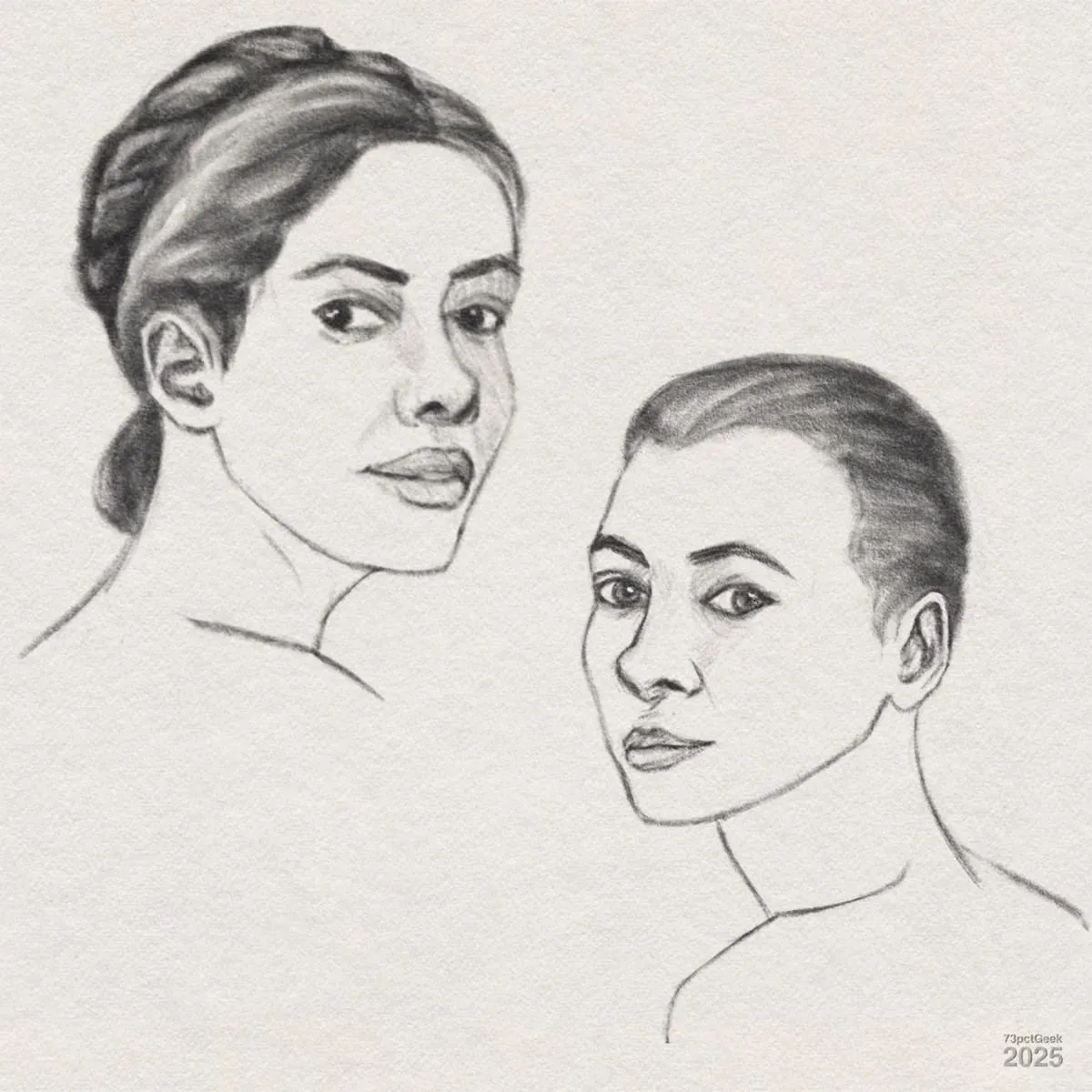 Digital graphite sketch of two women’s faces and upper shoulders, both looking over their shoulders toward the viewer. The woman on the left has her hair styled in a braid or twist, while the woman on the right has very short hair. Both have expressive eyes and defined lips. The background is plain, and the drawing is done on textured paper.