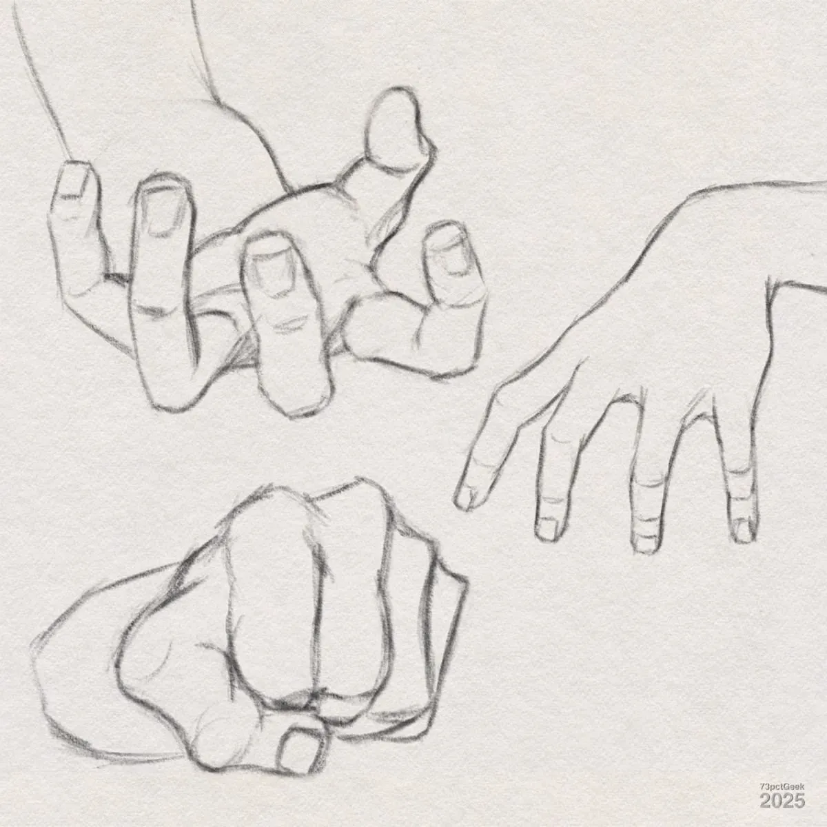 Digital graphite sketches of three different hand positions. The top left hand is open with fingers spread and slightly curled. The right hand is relaxed, with fingers extended and slightly bent, as if resting on a surface. The bottom hand is clenched into a loose fist, with the knuckles facing forward. The drawing style is simple and focuses on the structure and form of the hands.