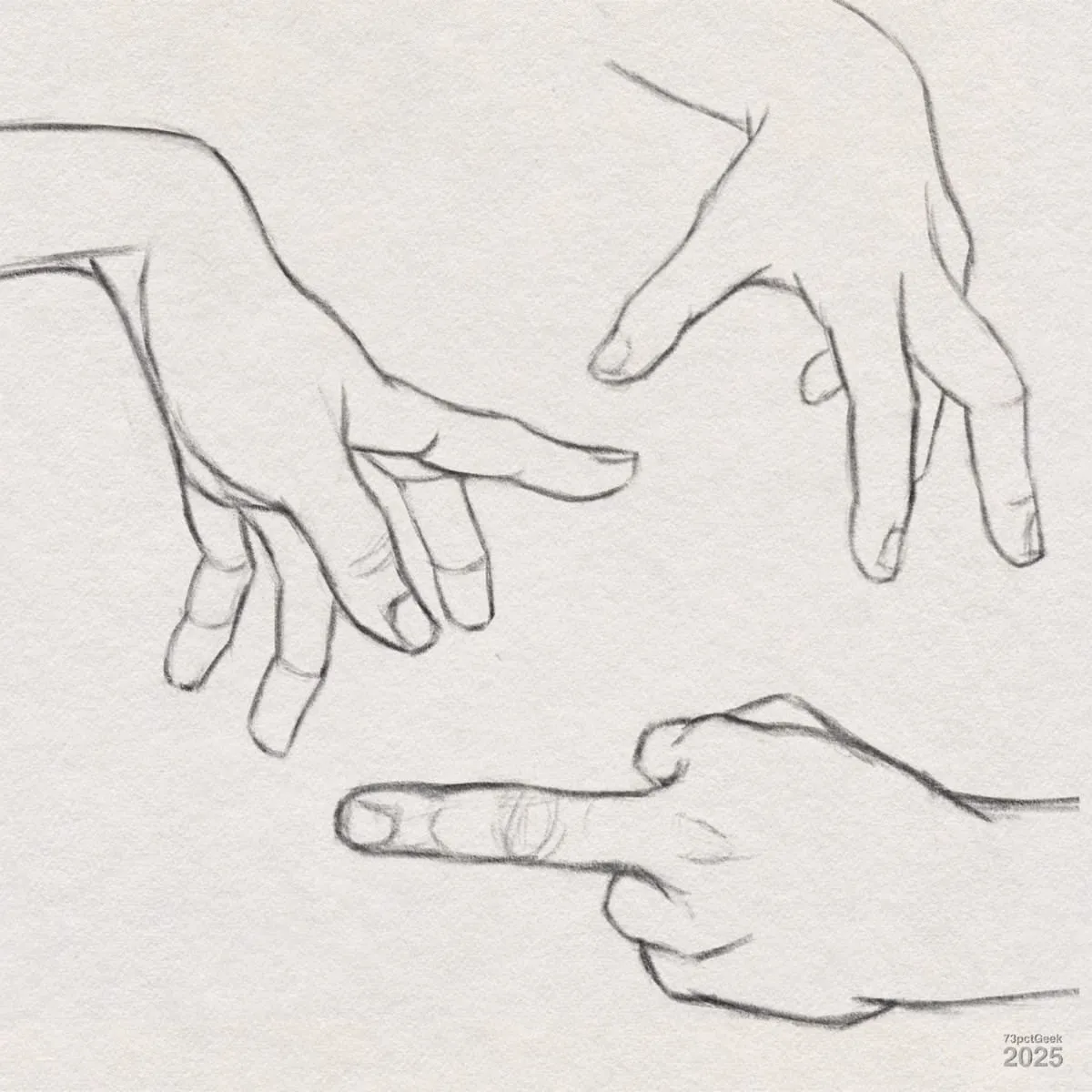 Digital graphite sketch of three hands. The top two hands are positioned with fingers loosely extended and slightly bent, as if gesturing or reaching. The bottom hand is drawn with the middle finger extended straight out, while the other fingers are curled into the palm, forming a gesture commonly known as flipping the bird or giving the middle finger. The drawing is simple, with clean lines and minimal shading.