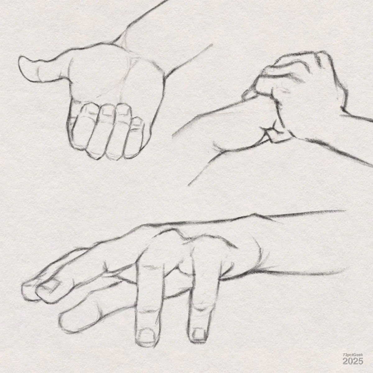 Digital graphite sketches of hands in different positions. The top left shows an open palm facing up with fingers slightly curled. The top right depicts one hand gripping the thumb of the other hand, as if stretching it. The bottom sketch shows a hand with fingers spread and bent, as if walking on fingertips.