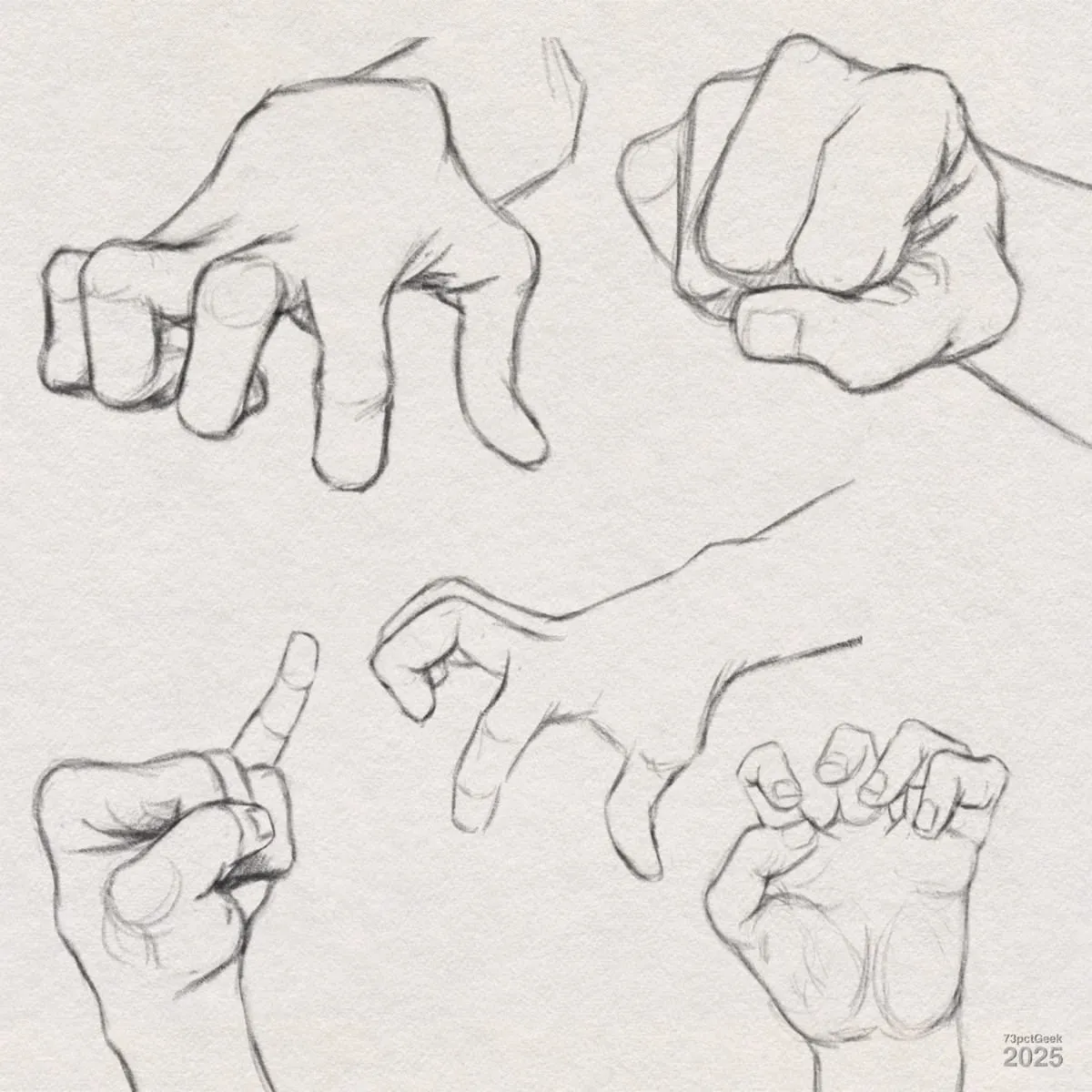 Digital graphite sketches of five different hands. Each hand is drawn in a unique pose: one with fingers curled inward, one making a fist, one pointing upward with the index finger, one with fingers spread and slightly bent as if grasping, and one with fingers curled as if mimicking a claw. The sketches are detailed, showing knuckles, fingernails, and the natural creases of the skin.