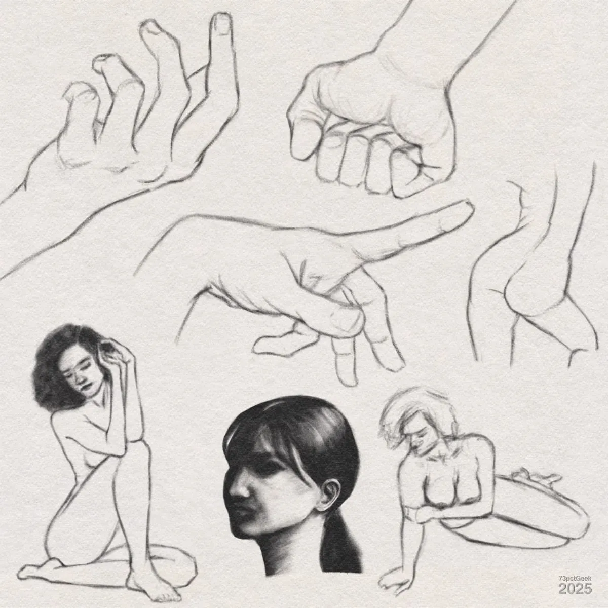 Digital graphite sketches of hands and figures. The upper part of the image features five detailed hand studies in various poses: an open, relaxed hand; a clenched fist; a pointing hand; a hand with fingers curled inward; and a hand with the thumb tucked in. Below these, there are three sketches of human figures: a seated nude woman with curly hair and a contemplative expression, a shaded portrait of a woman's head in profile with straight hair, and a crouched nude woman with short hair, one arm resting on her knee. There is also a partial sketch of a woman's figure from behind.
