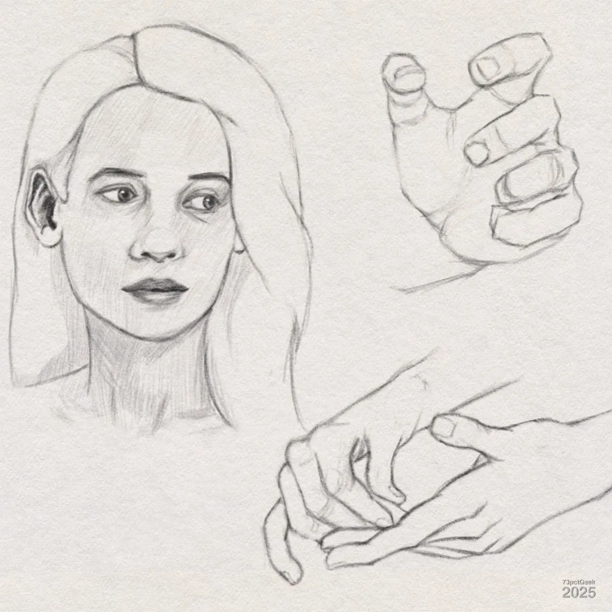 Digital graphite sketch showing three separate studies: a woman's face with long hair, looking to the side with a calm expression; a close-up of a hand with fingers curled, as if grasping or reaching; and two hands together, one delicately holding the fingers of the other. The sketch style is realistic and detailed, especially in the facial features and fingers.