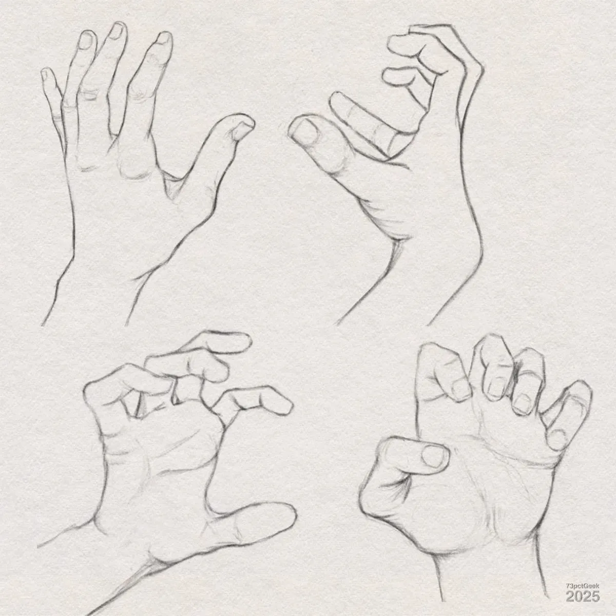 Digital graphite sketches of four hands, each in a different pose with fingers bent or curled in expressive ways. The hands are drawn showing the contours, knuckles, and finger joints. Each hand appears to be caught mid-motion or gesture, perhaps gripping or reaching.