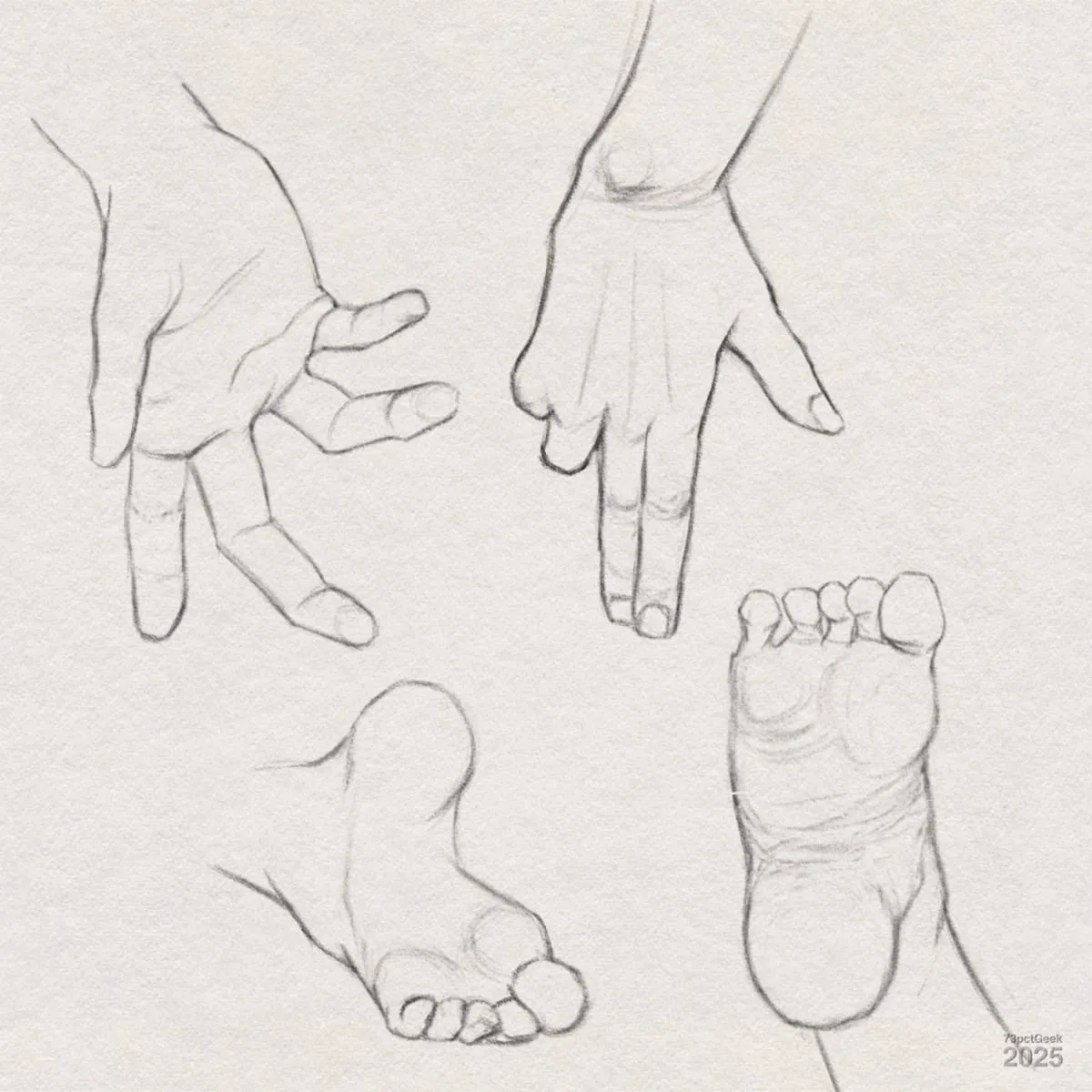 Digital graphite studies of hands and feet. The top left shows a hand in a relaxed, slightly open position. The top right has another hand, palm facing down with two fingers pointing. The bottom left depicts the side and arch of a foot, while the bottom right shows the sole of the foot with visible toes and wrinkles.