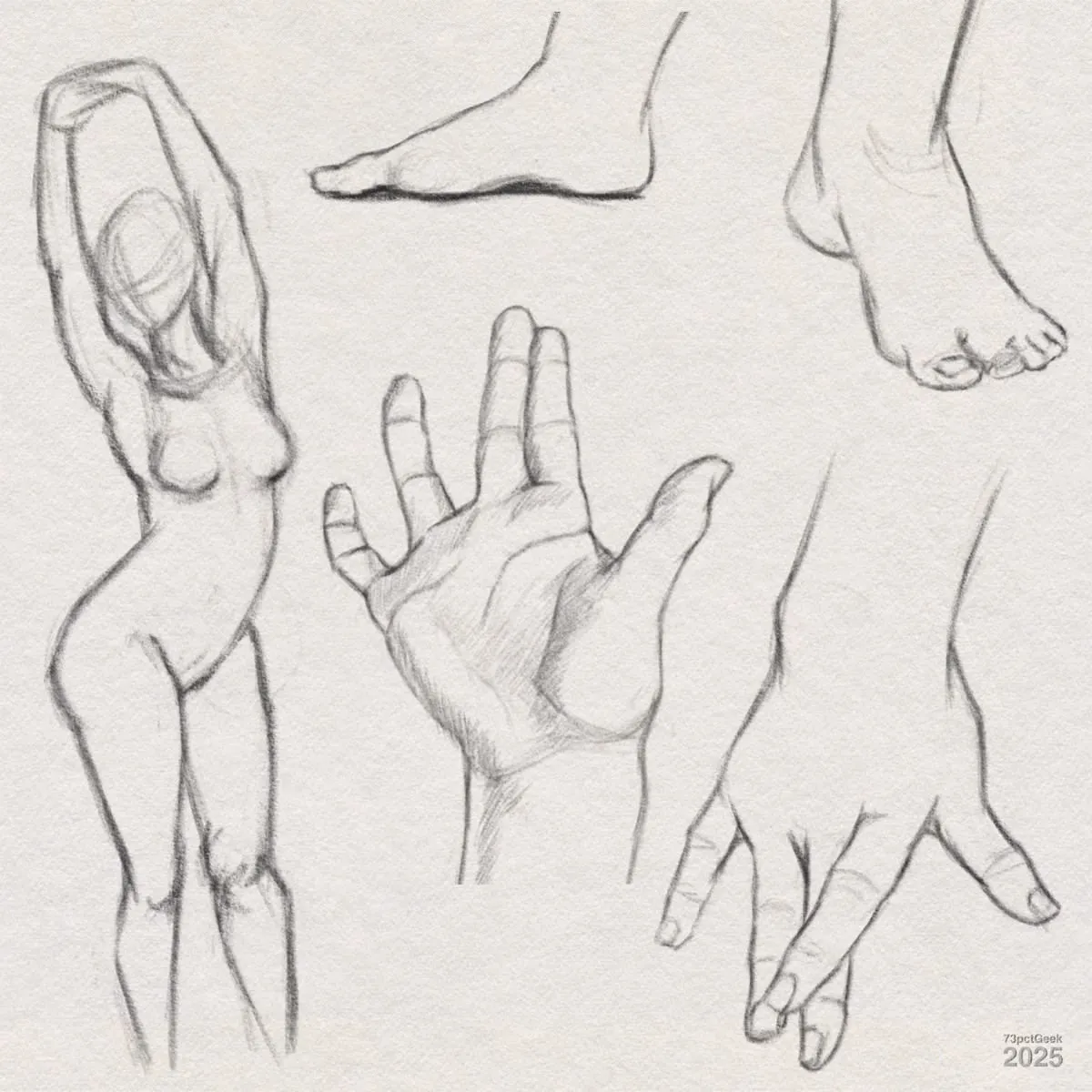Digital graphite sketches of a human figure and body parts: The main subject is a standing figure with arms stretched and crossed above the head, shown in a loose, gestural style. Surrounding the figure are sketches of two different feet, an open hand viewed from the palm side, and a hand with fingers gently interlaced. Shading is light.