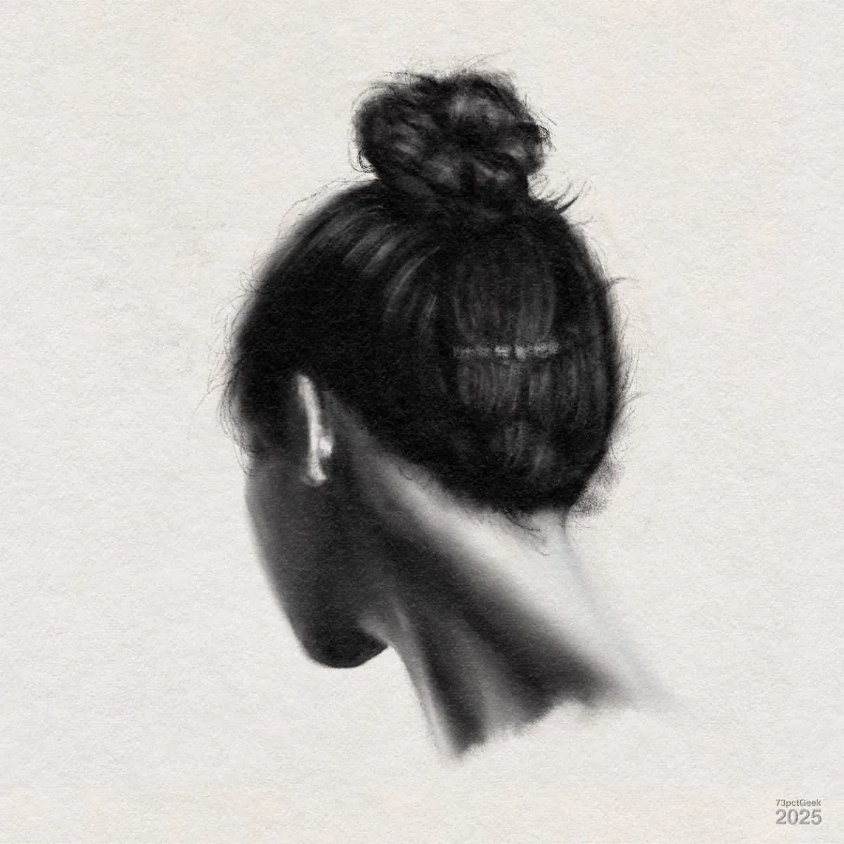 Digital charcoal drawing of a woman’s head and neck, viewed from behind. Her hair is pulled up into a bun on top of her head, with a few wisps softly escaping. The lighting and shading highlight the smooth texture of her hair and the gentle curves of her neck and shoulders. The background is plain, drawing attention to the subject.