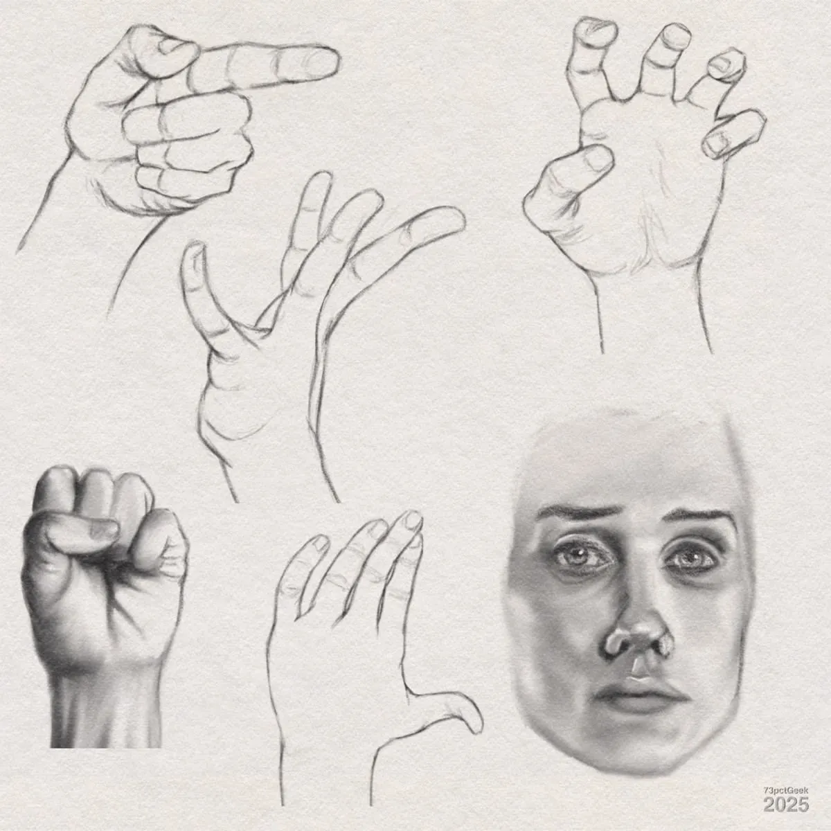 Digital graphite sketches of five different hand poses and an unfinished face. Each hand is drawn in a unique gesture or position: one points with the index finger, another stretches fingers outward, another forms a claw, another makes a fist, and the last one curves with closed fingers and a visible thumb. The face sketch, positioned on the right, is shaded more heavily, showing a neutral or slightly sad expression.