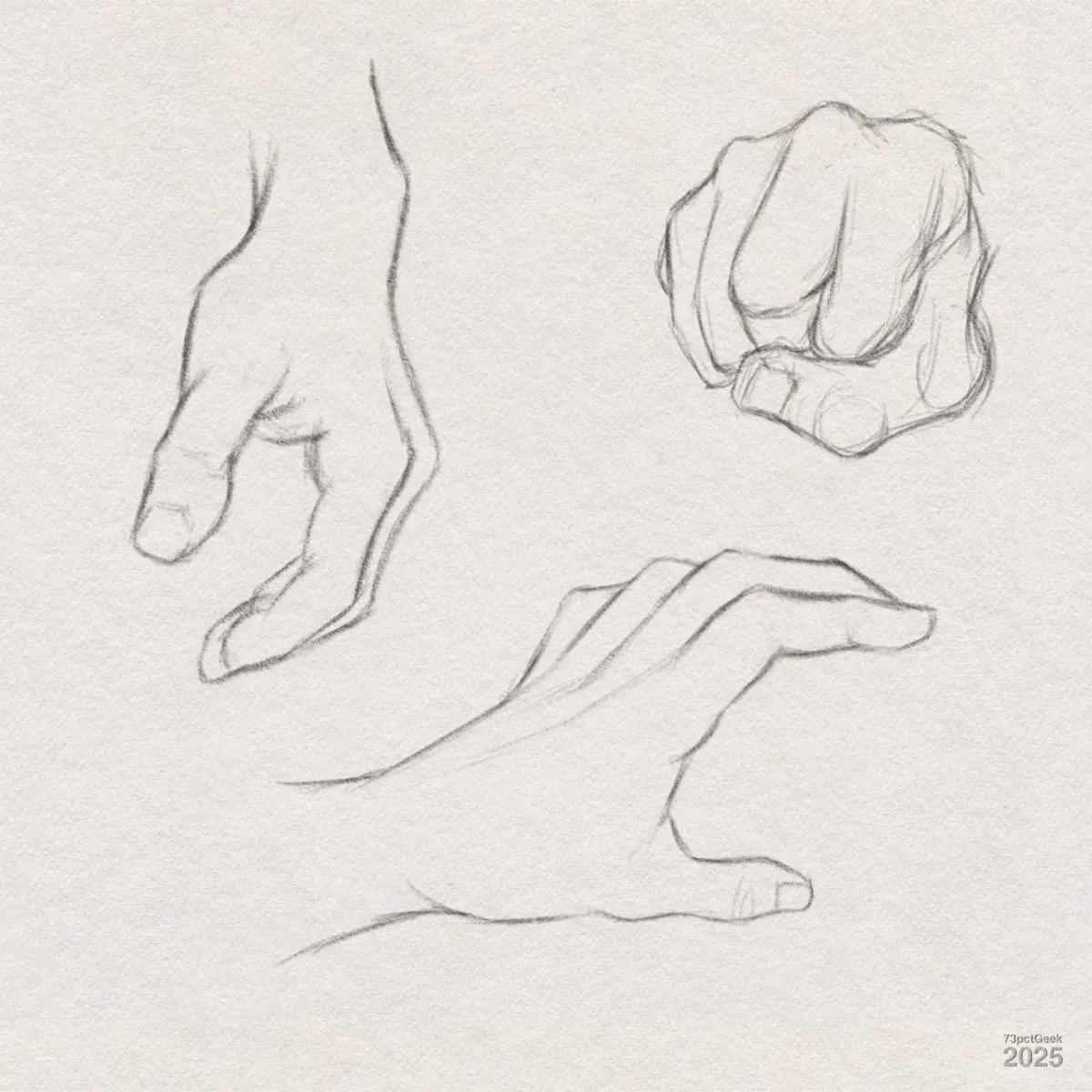 Digital graphite sketches of three different hand poses. The top left depicts a relaxed hand with fingers gently bent downward. The top right shows a hand in a loose fist, oriented as if facing the viewer. The bottom sketch captures a hand with fingers extended and naturally curved, as if about to grasp something.