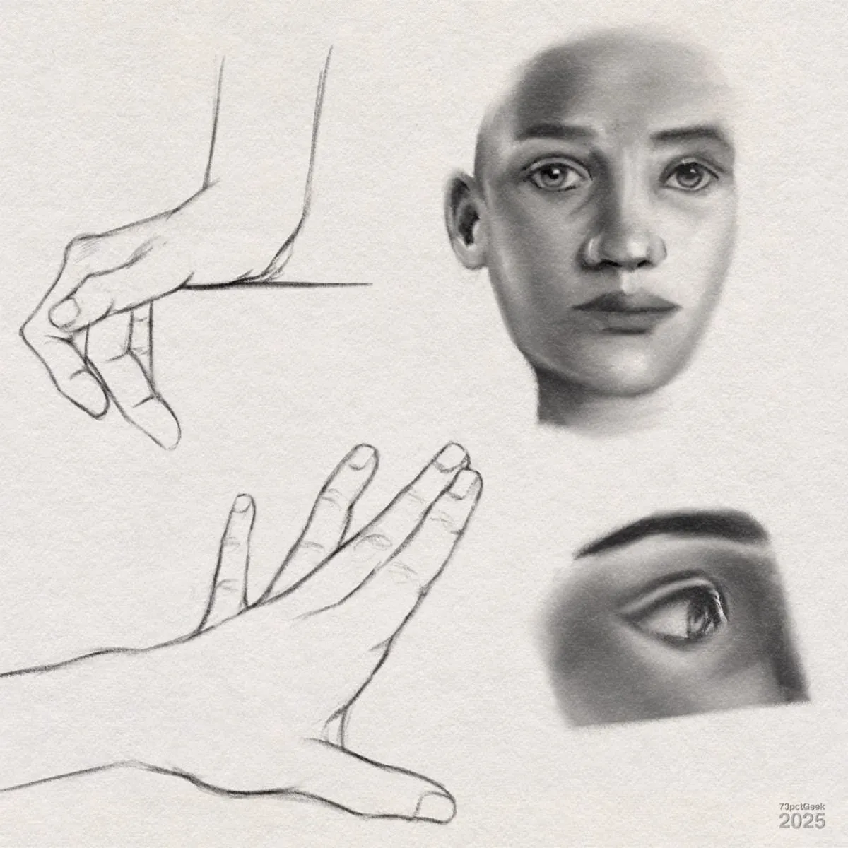 Digital graphite and charcoal sketches of human anatomy studies: two hands in different poses drawn with simple lines (one with fingers extended and one reaching down), an unfinished, realistic face with detailed shading and expressive eyes, and a close-up of a single eye rendered with soft shading.