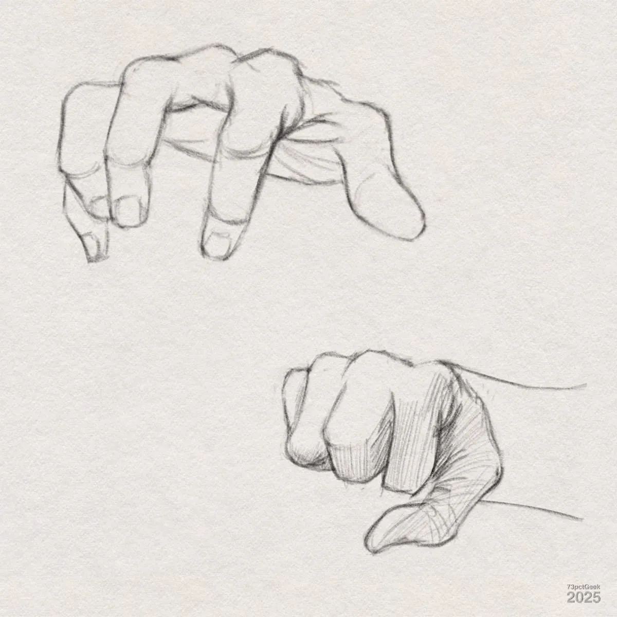 Digital graphite sketches of two hands in different poses. The upper hand shows the fingers bent and curling downwards, as if loosely gripping or reaching for something. The lower hand is drawn in a fist pose, with thumb visible and fingers folded inward. The sketches highlight finger joints, knuckles, and subtle shading for structure and depth.
