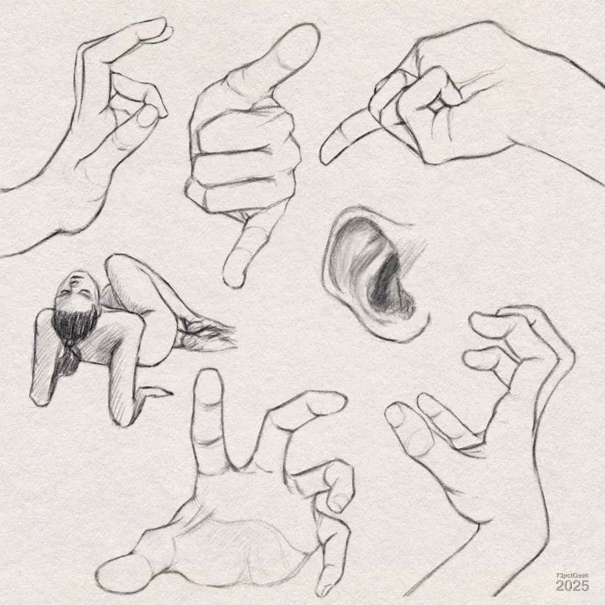 Digital graphite sketches, mainly of several hands in various poses: forming a relaxed “stop” gesture, a thumb and pinky extended (as in a “call me” gesture), a pinched gesture, a hand reaching outward, and a hand in a claw-like pose. There’s also a sketch of a human ear, and a female figure leaning back, supporting her body on her bent arms.