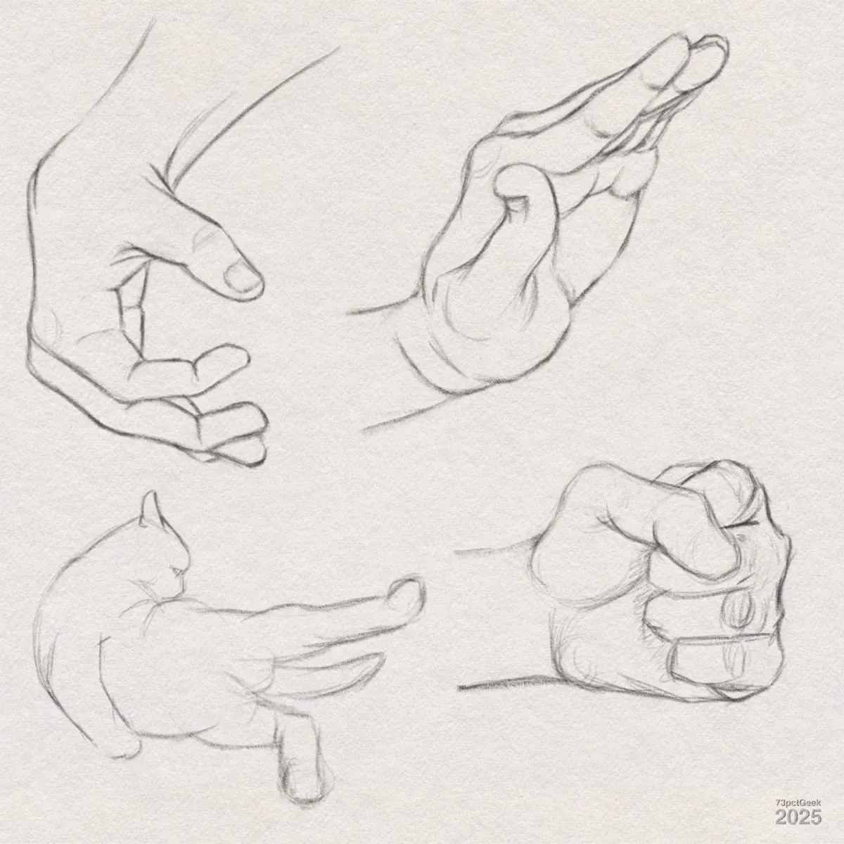 Digital graphite sketches. Three drawings are of realistic hands in different positions: one with fingers elegantly curved, one with fingers held together and extended, and one clenched into a fist. The fourth drawing at the lower left is of a cat, washing its flank. The style is loose and expressive, with clear attention to anatomy and gesture.
