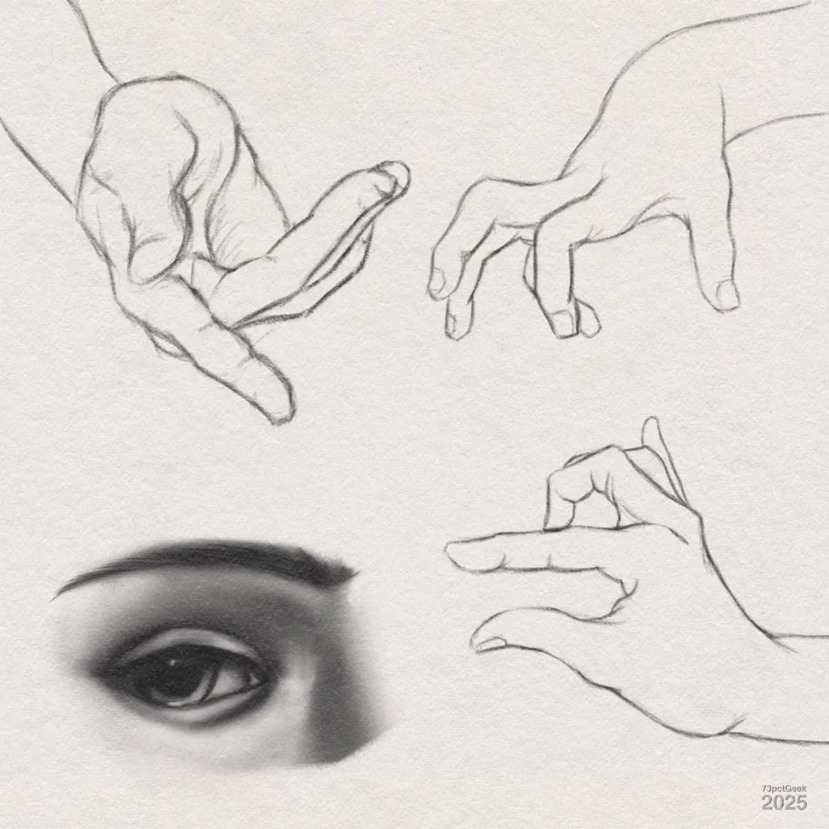 Digital graphite sketches of three hands in different expressive poses, along with a realistic, detailed charcoal drawing of a single eye. The hands are rendered with loose, confident lines, showing various gestures, while the eye has intense shading and detail, standing out against the otherwise sketchy composition.