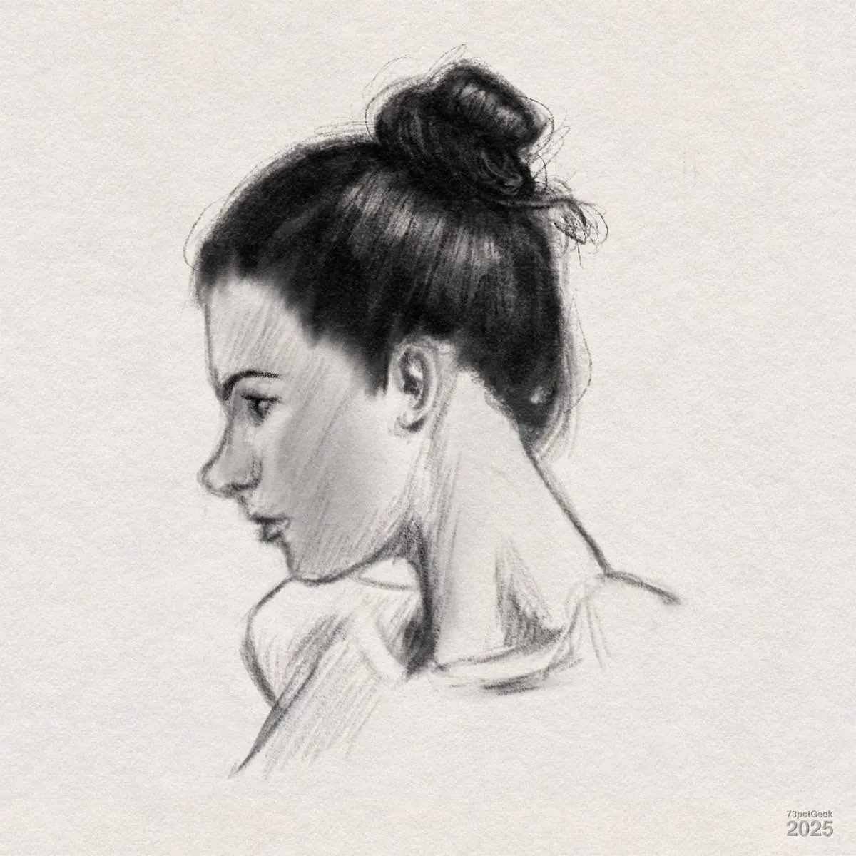Digital graphite and charcoal sketch of a young woman in profile. Her hair is tied up in a loose bun on top of her head. The lines are soft and textured, giving a gentle, contemplative mood to the portrait. Her gaze is downward, creating a calm, introspective feeling.