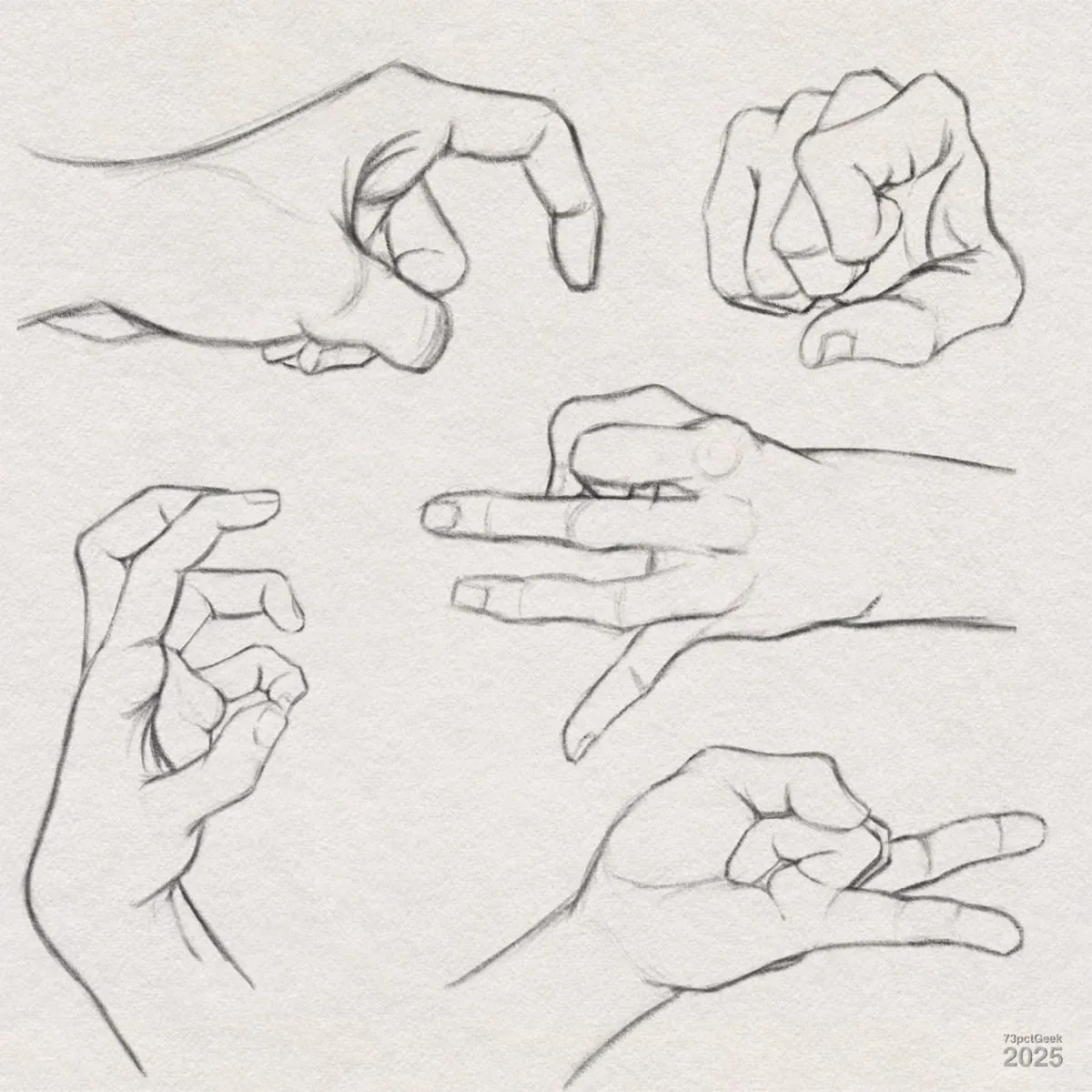Digital graphite sketches of five different hand positions on a textured, off-white background. Each hand is drawn with clean lines and shows various finger gestures: some fingers curled, others extended or pinched, capturing the range of hand movement and detail. The drawings focus on anatomy and gesture for artistic study.