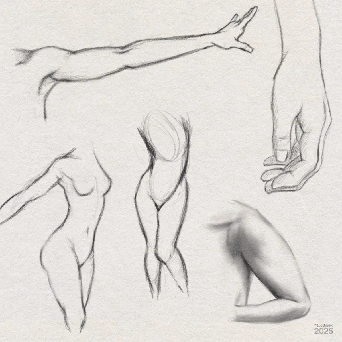 Digital graphite sketches of human anatomy studies on textured paper. The image shows various body parts and gestures: an outstretched arm and hand at the top left, an open hand at the top right, a partial torso and arm at the bottom right, and two simplified standing female body poses at the center and bottom left. The style is loose, focusing on form and gesture.