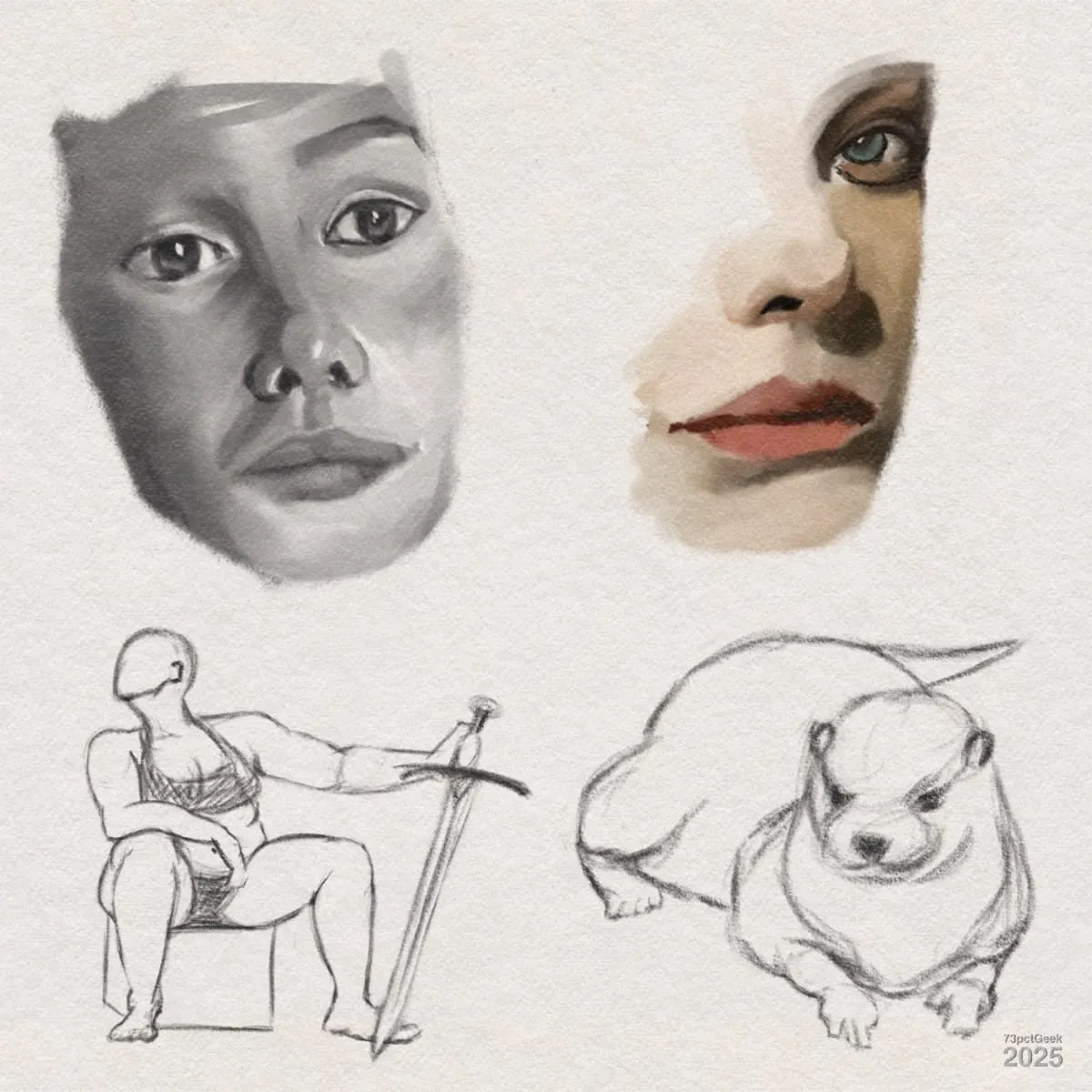 Top left: an unfinished digital greyscale painted portrait of a person's face. Top right: an unfinished digital gouache detail study of a person's nose, mouth, and one eye, showing pale skin, reddish lips, and a greenish-blue eye. Bottom left: a line drawing of a person without facial features, seated and holding a large sword, wearing minimal clothing. Bottom right: a playful line sketch of a chubby otter, shown from the front and side with a rounded body. The sketches demonstrate various drawing and painting techniques, from detailed digital painting to loose, expressive linework.