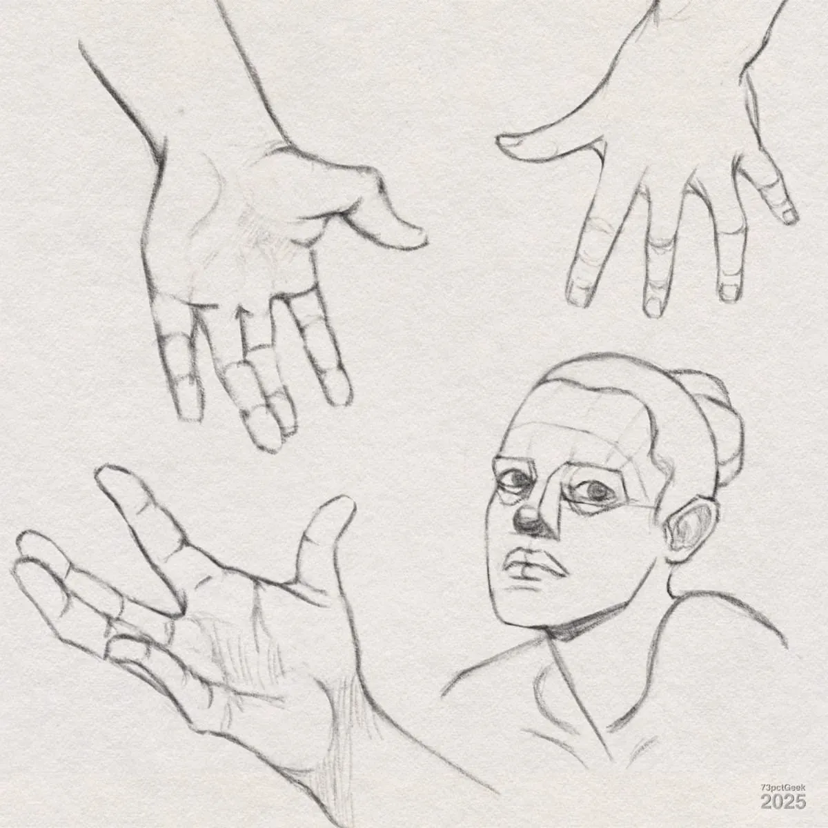 Digital graphite sketches showing three hands in different positions and a stylized portrait of a person. The hands are drawn with attention to anatomy and the fingers are spread in expressive poses. The person’s face has visible construction lines highlighting the planes of the face. The person has their hair pulled back and is looking off to the side.
