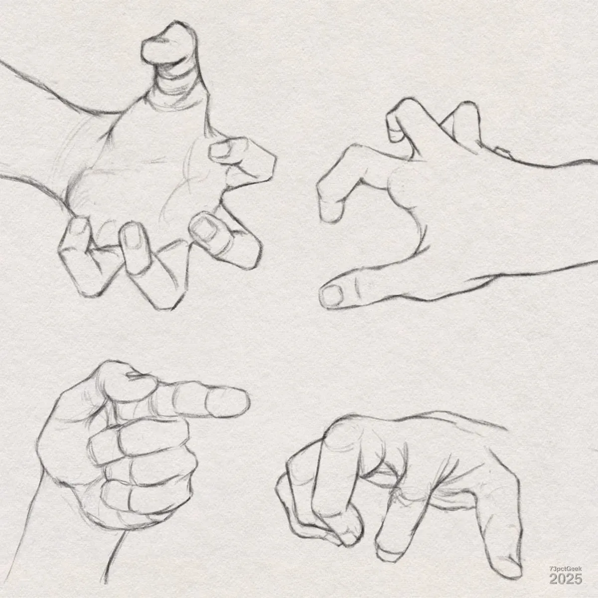 Digital graphite sketches of four different hand positions. The top left hand is spread wide, palm up, with fingers splayed apart and slightly bent, as if gripping something large. The top right hand is viewed from the back, with fingers curved in a claw-like gesture and the thumb extended. The bottom left hand is curled, with the index finger extended forward as if pointing, and the thumb raised. The bottom right hand is angled downward, with all fingers, including the thumb, curled in loosely, almost mimicking an animal’s paw. Each sketch is outlined with defined lines and visible knuckle and nail details.