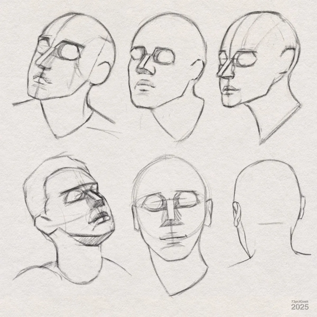 Digital graphite studies of heads in various angles and poses. There are six sketches arranged in two rows, each depicting a simplified human head. The sketches emphasize the basic structure of the head, with construction lines showing the orientation and placement of facial features. The facial features are minimally detailed, serving as guides for further refinement. One head is shown from behind, others from profile, three-quarter, and front views, and some from below, highlighting the practice of understanding head construction in different perspectives.