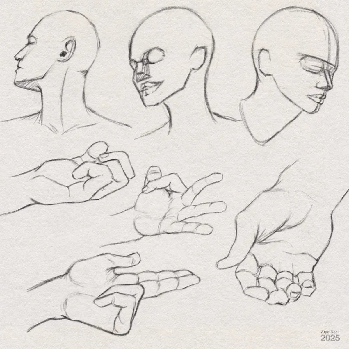 Digital graphite sketches of three human heads and five hands on textured paper. The heads are drawn from different angles: profile, three-quarter view, and front-facing. Each head has simplified features and construction lines visible, suggesting the skeletal structure for practice or study purposes. Below the heads, five sketches show hands in various positions and gestures.