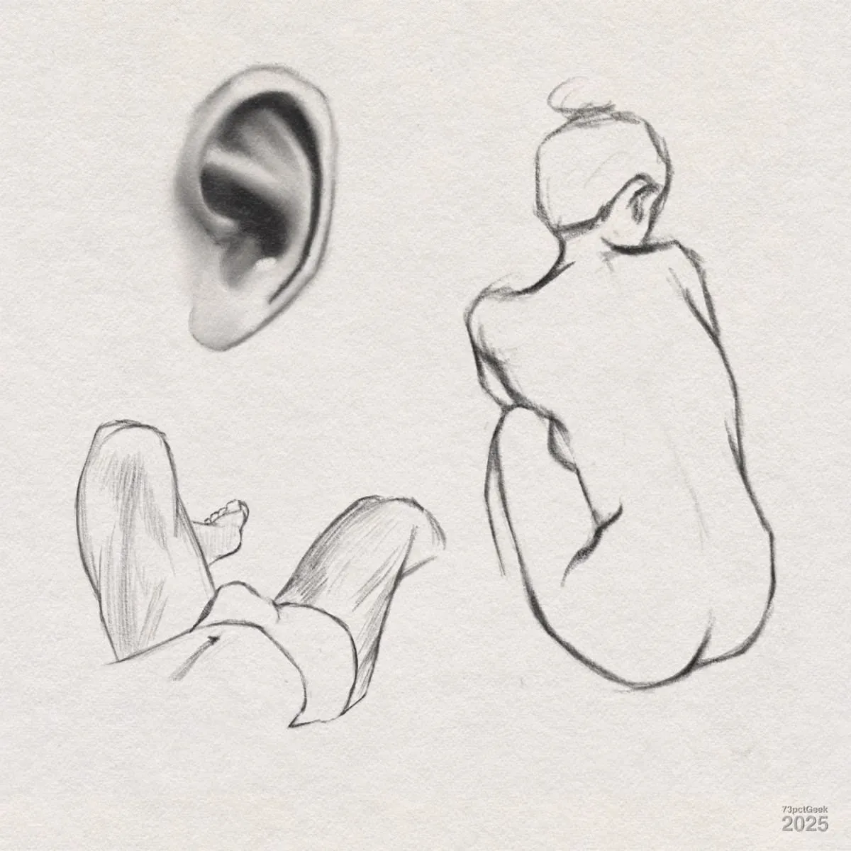 Digital graphite sketches of three distinct studies: at the top left, a realistic sketch of a human ear; at the bottom left, a sketch of legs and feet, seen in a reclining position; and to the right, a back view of a seated nude figure, with minimal and fluid lines capturing the posture and anatomy.