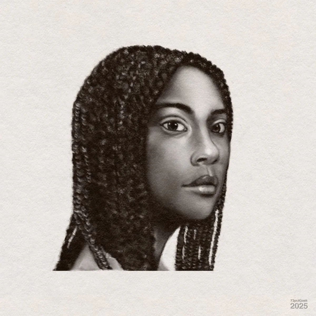 Digital charcoal sketch portrait of a young woman with long, thick, braided hair. She has a calm, neutral expression and is gazing slightly to her left. The image is rendered in greyscale, showing smooth shading on her face, expressive eyes, and detailed texture in the braids. The background is completely plain, enhancing the focus on her face.