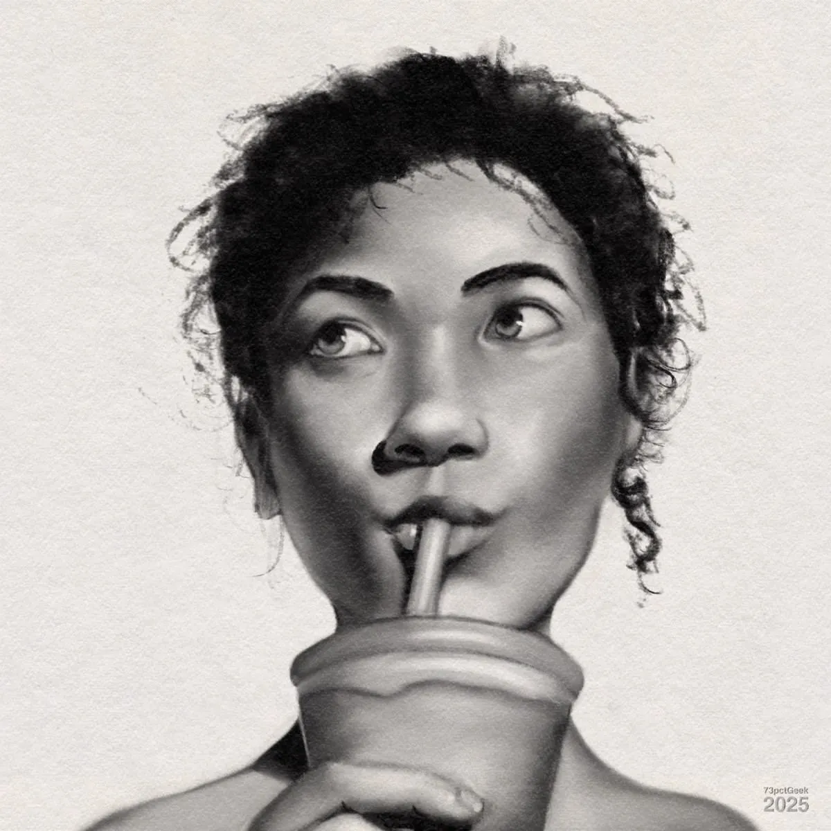 Digital charcoal drawing of a person with curly hair, sipping from a cup with a straw. The woman is shown from the shoulders up and looking slightly to the right with an inquisitive expression. The shading on the face gives a three-dimensional effect.