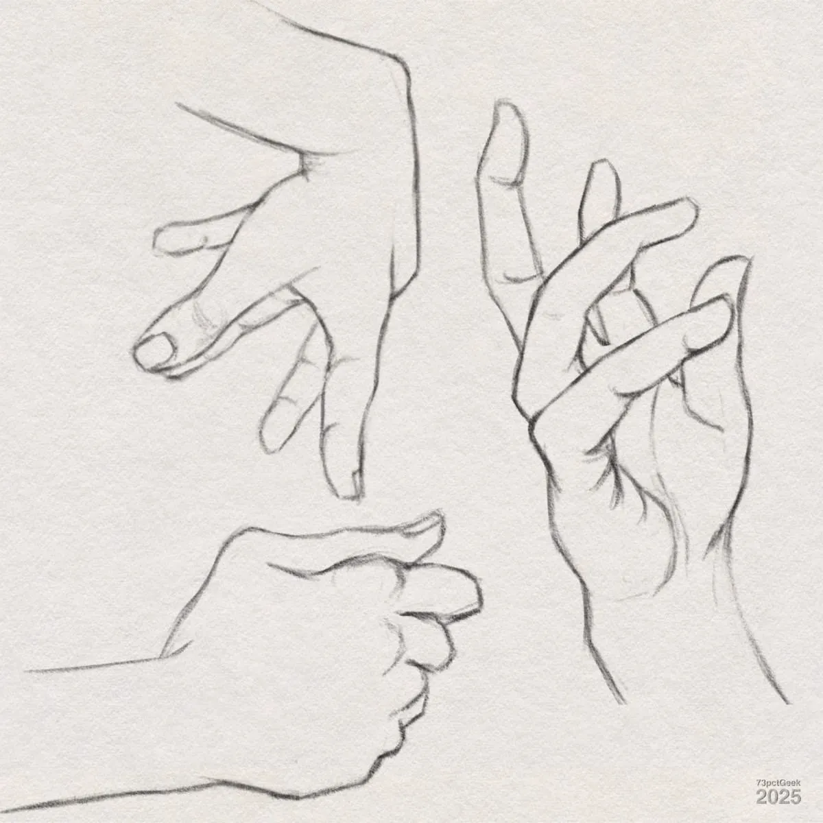 Digital graphite sketches of three hands in different poses. The top left hand is shown with fingers pointing downward and bent. The hand on the right is posed with fingers elegantly raised and slightly curved, giving a graceful appearance. The bottom left hand is drawn in a loose fist with the thumb at the top.