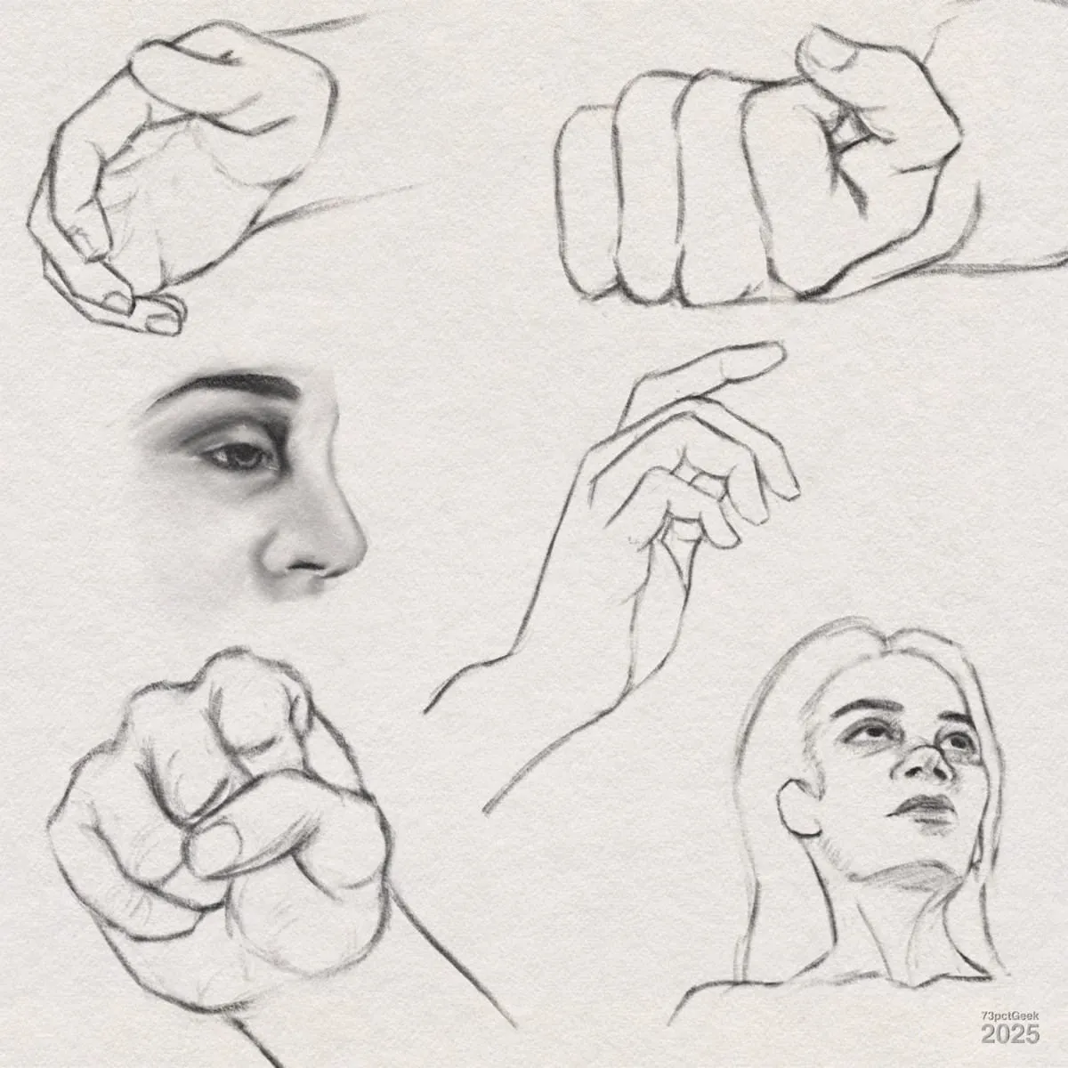 Digital graphite sketches of four studies of hands in different poses and two portraits of a woman's face. The hand drawings vary in gesture: one hand is held open and relaxed, another forms a fist, a third displays an elegant, upward-reaching gesture, and a fourth points forward. The portraits show an unfinished profile of a woman's face with detailed shading, and a very sketchy three-quarter view of a woman looking up.
