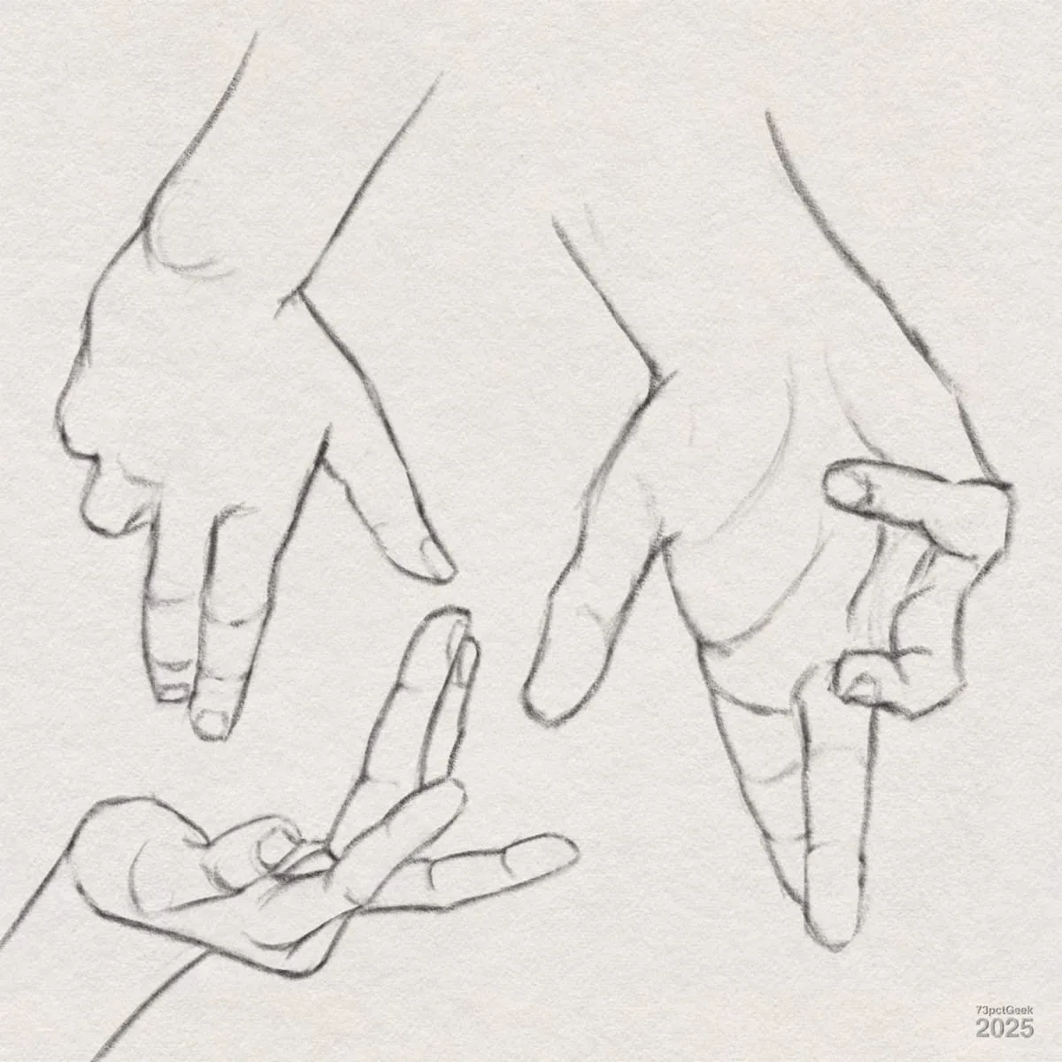 Digital graphite sketch of three hands, each in a different expressive gesture.