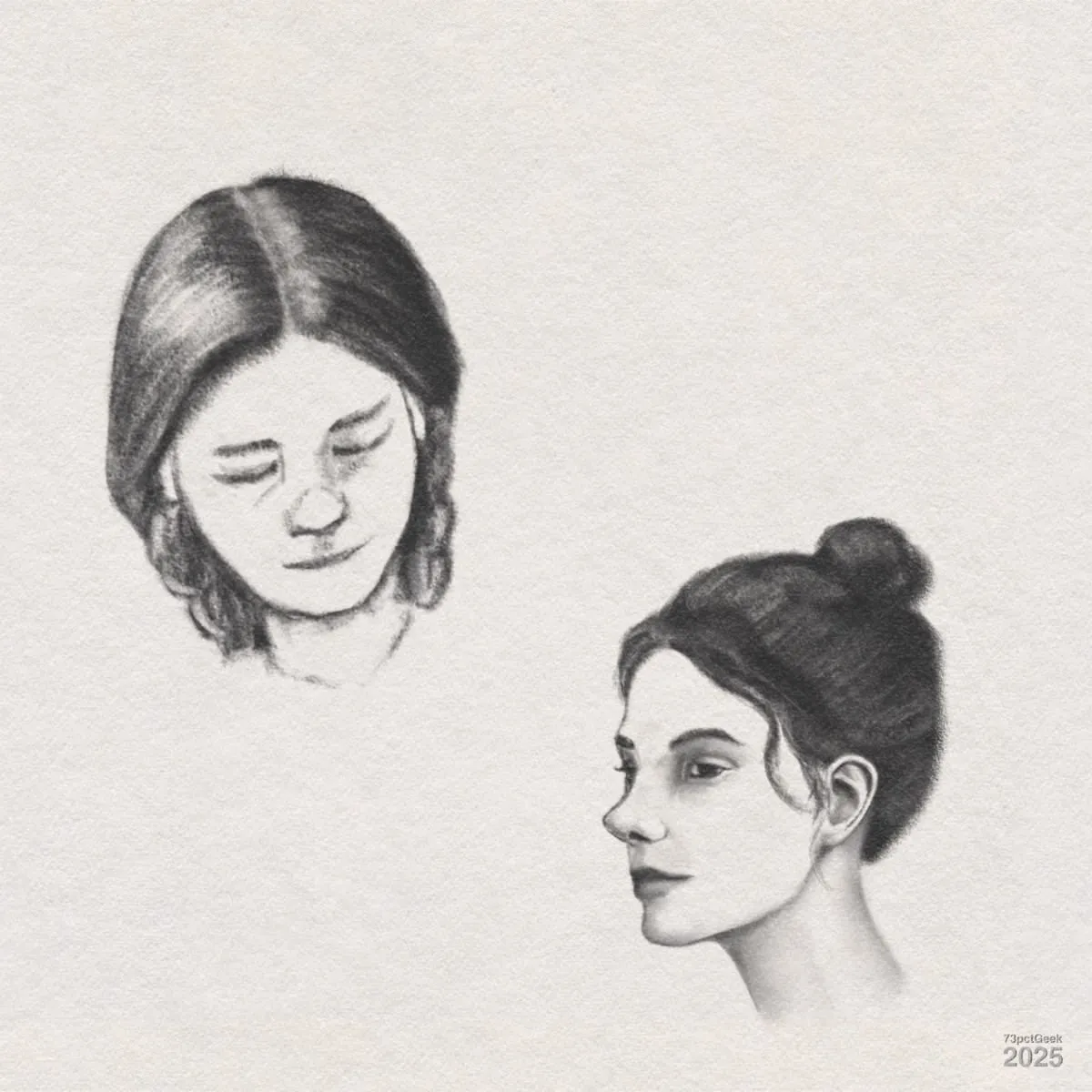 Digital graphite sketches of two women's heads. The upper left sketch shows a woman with her eyes closed and head bowed gently. The lower right sketch depicts a woman in profile, her hair pulled up into a bun.
