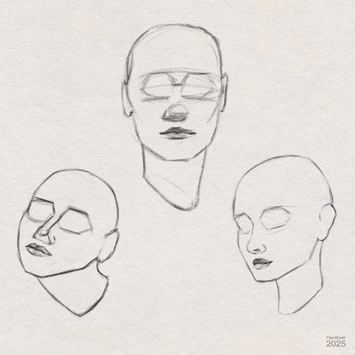 Digital graphite sketches of three heads, each shown from a different angle. The heads have basic facial features outlined—such as lips, a hint of the nose, and eye sockets, but with no details for the eyes.
