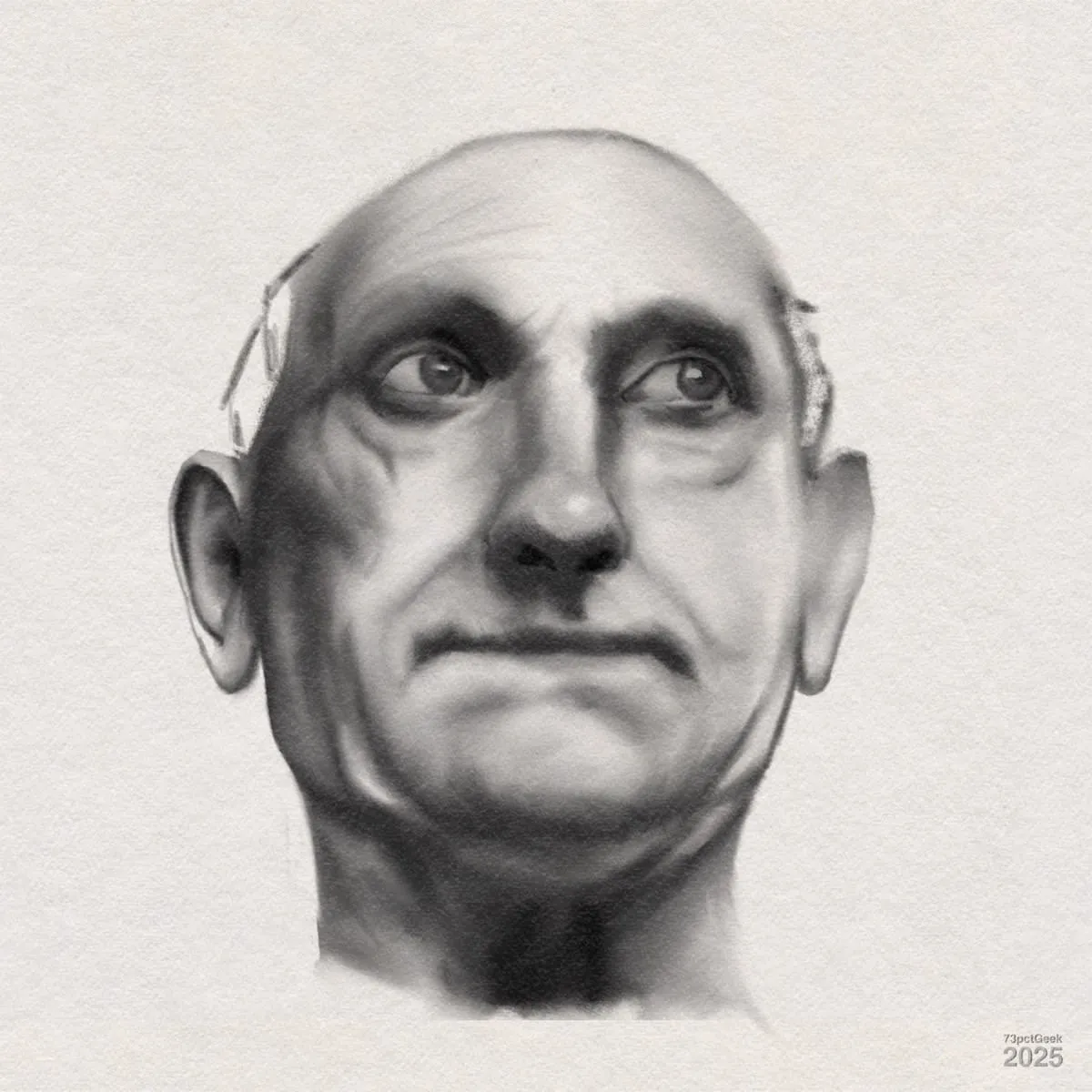 Unfinished digital charcoal portrait of an older man with a bald head, prominent cheekbones, and deep-set eyes looking slightly upward and to his right. The shading creates dramatic shadows, emphasizing wrinkles and facial structure. The background is a plain, light texture, and the focus is entirely on the man's face.