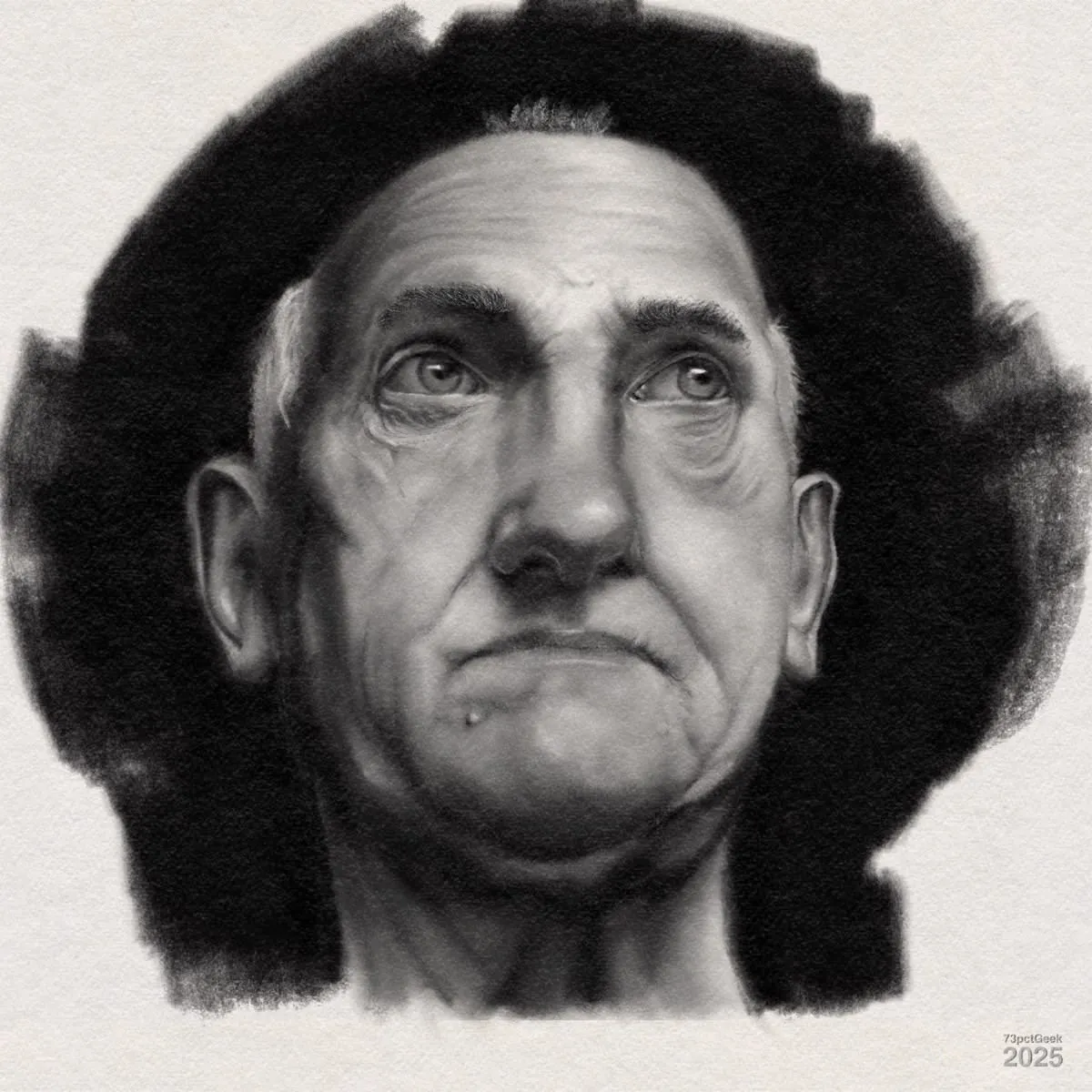 Digital charcoal portrait of an elderly man looking slightly upward. His facial expression appears thoughtful or contemplative, with deep-set eyes, prominent wrinkles, and a neutral mouth. The shading vividly defines his features and the background is dark, creating contrast with his lighter face.