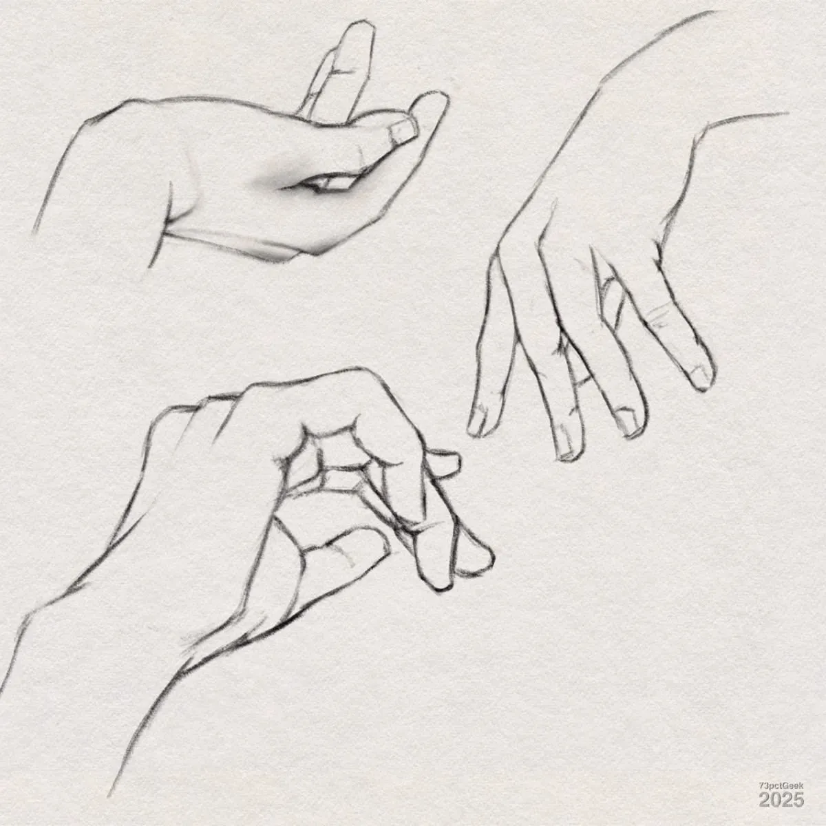 Digital graphite sketches of three different hands. The top left hand is relaxed, palm up, with fingers slightly curled inward. The top right hand is viewed from above, fingers extended and gently separated, palm facing down. The bottom hand is angled, fingers loosely curved, with the thumb and index finger forming a partial circle. The style is realistic with soft shading and defined contours.
