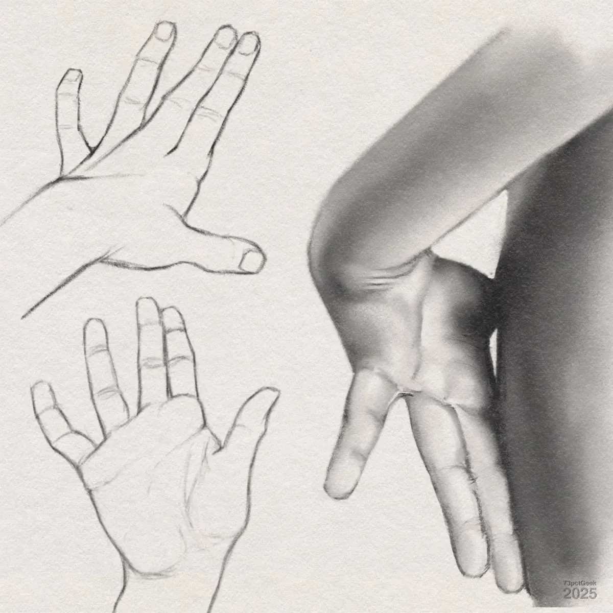 Digital graphite and charcoal sketches of hands. On the left are simple sketches highlighting the structure and placement of the fingers and thumb. To the right, a more detailed, shaded rendering of a hand pressing against a body, with the fingers splayed and the hand in a dynamic, dramatic pose emphasising shadows and three-dimensional form.