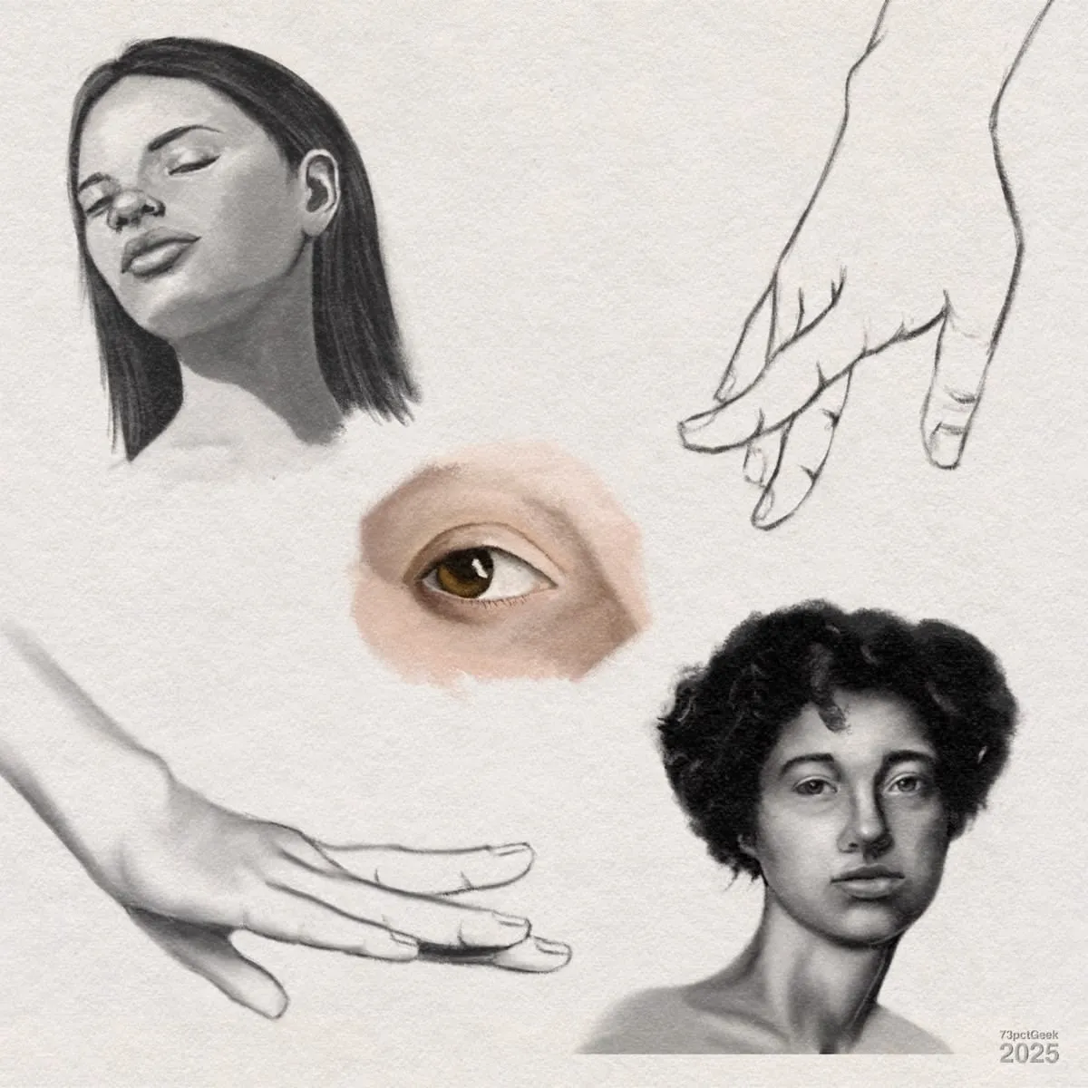 Various sketches rendered in digital graphite digital charcoal, and digital gouache. Two portraits of women—a digital graphite sketch of one with straight hair and eyes closed at the top left, and digital charcoal drawing of one with short curly hair at the bottom right. There are also two sketches of hands in different positions, outlined and shaded in digital graphite, and an unfinished colour study of a brown eye in the center.