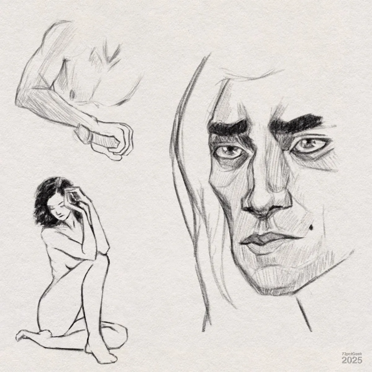Digital graphite sketches. There are three different studies: a close-up of a man's pensive face with shading, an upper body and arm study of a male figure with visible anatomical lines, and a nude seated woman with short dark hair. She is posed with one knee up, an arm resting on her knee, and her hand touching her head.