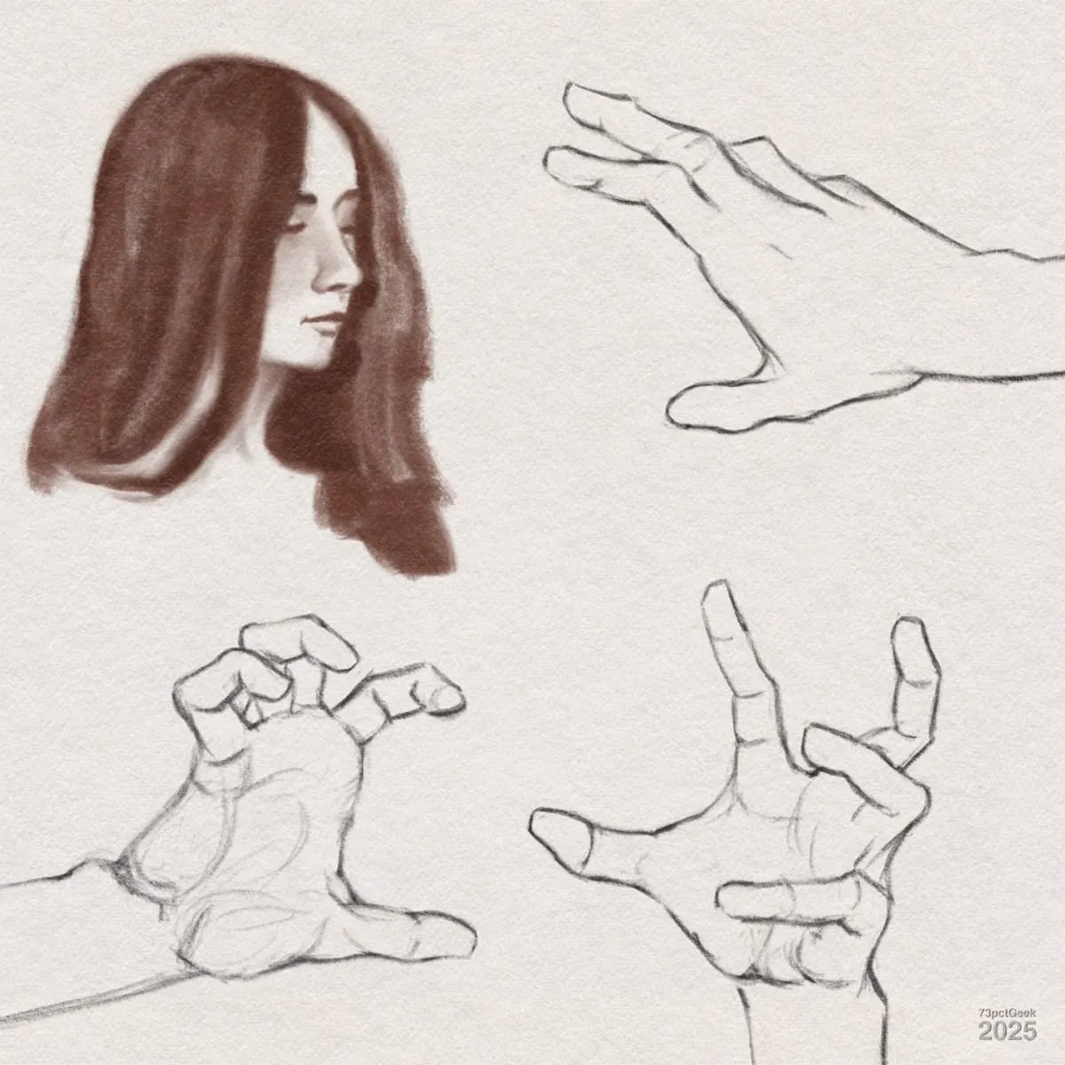 An unfinished portrait of a woman with long, flowing hair rendered in reddish-brown digital charcoal, her head turned in profile and eyes closed. To the right and below, three detailed digital graphite sketches of hands in different expressive poses.