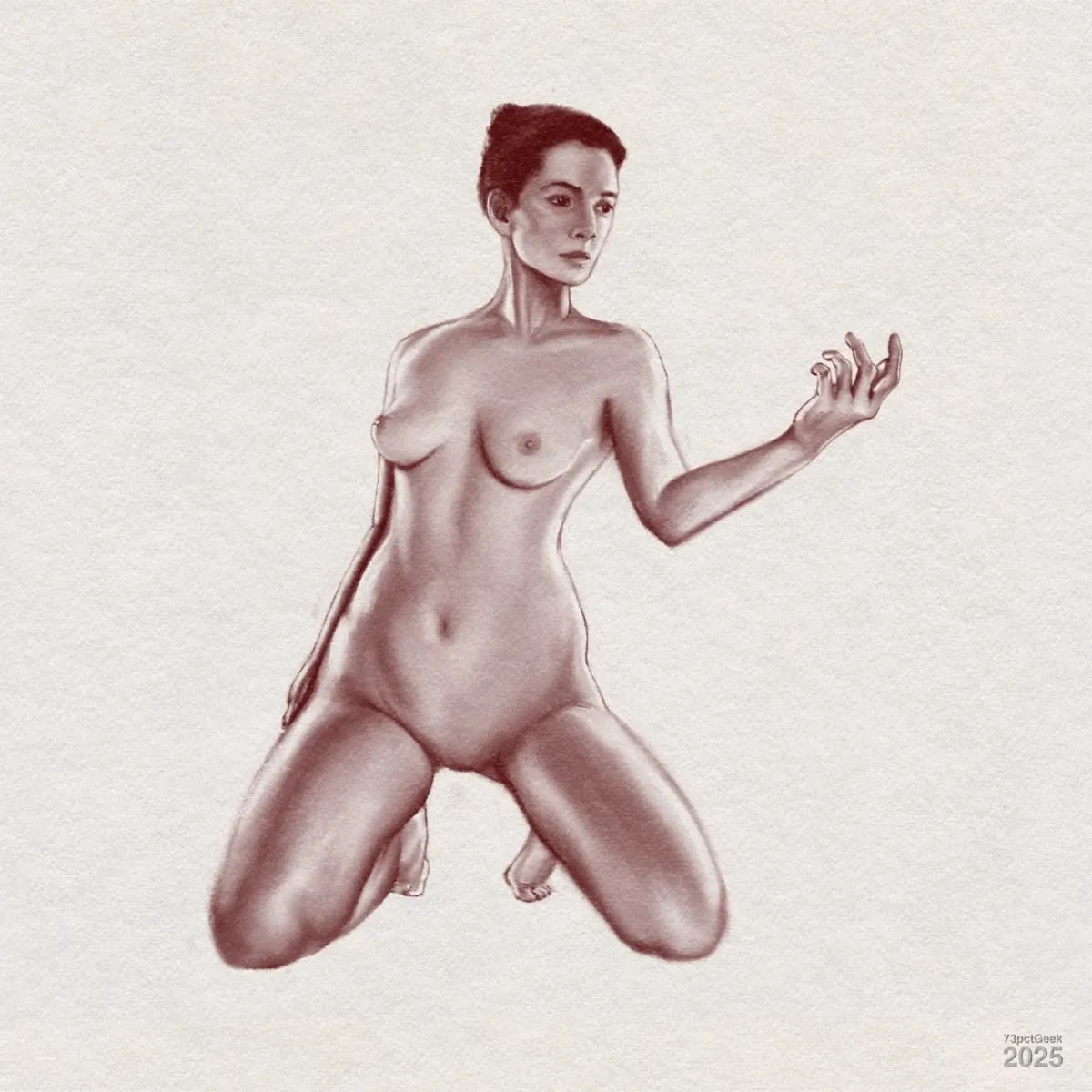 Digital charcoal study of a nude woman kneeling on both knees. Her body is angled slightly to the left, with her right hand resting by her side and her left arm raised, palm facing toward her, fingers gently curled. She has dark hair pulled into a small bun, and a neutral facial expression. The illustration is rendered in shades of brown on a textured, cream-colored background.